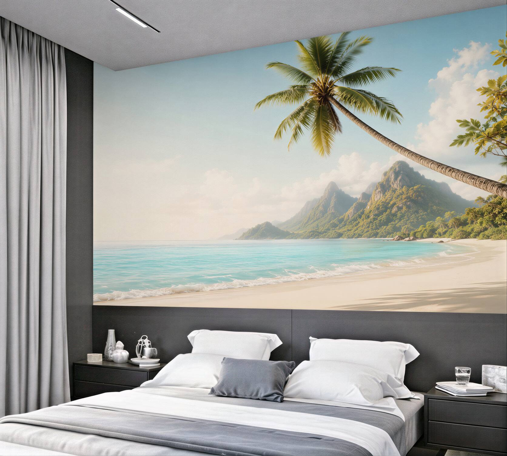 Fototapeta tropikalna plaża z palmą i górami nad błękitnym oceanem?v23