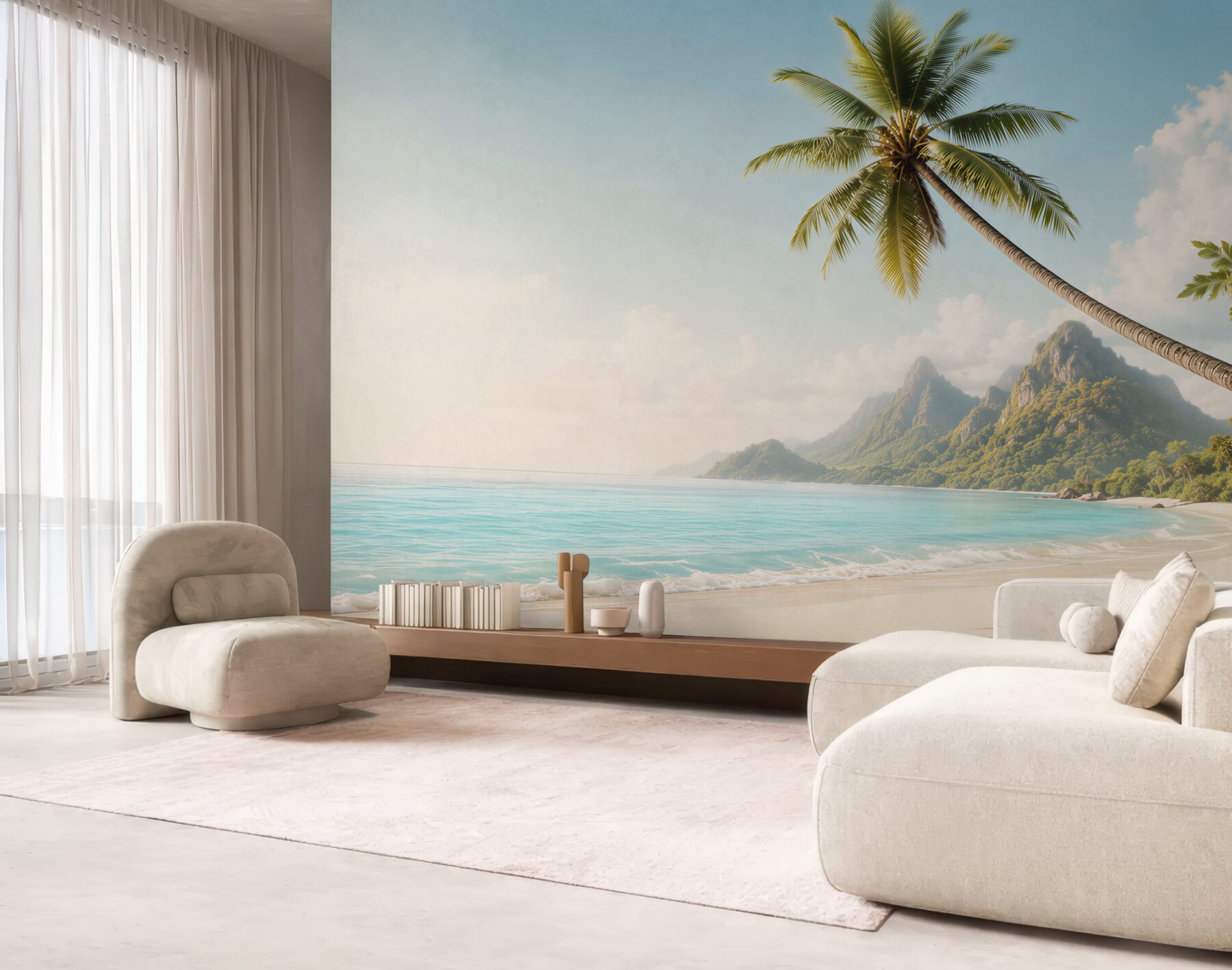 Fototapeta tropikalna plaża z palmą i górami nad błękitnym oceanem?v23