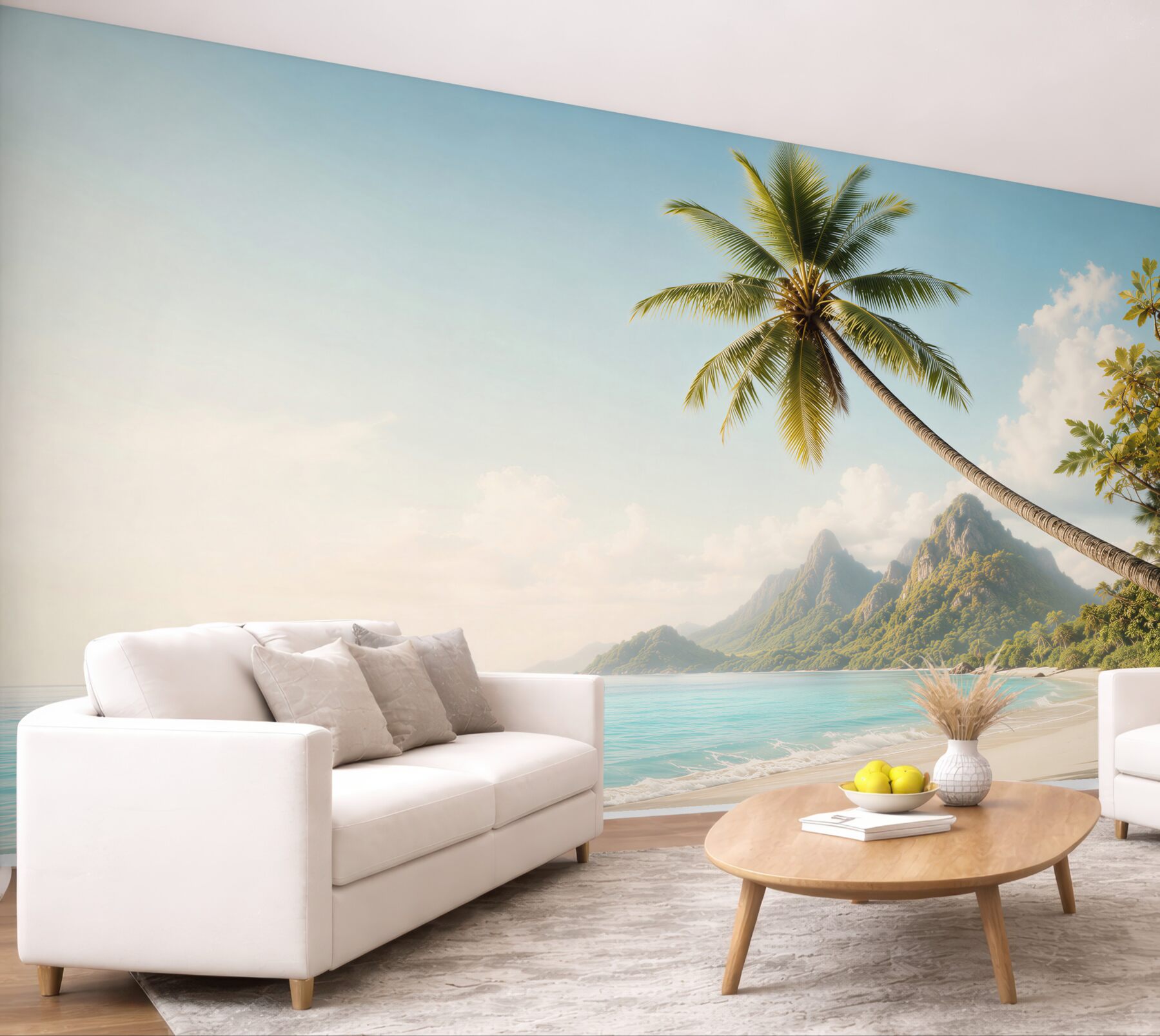Fototapeta tropikalna plaża z palmą i górami nad błękitnym oceanem?v23