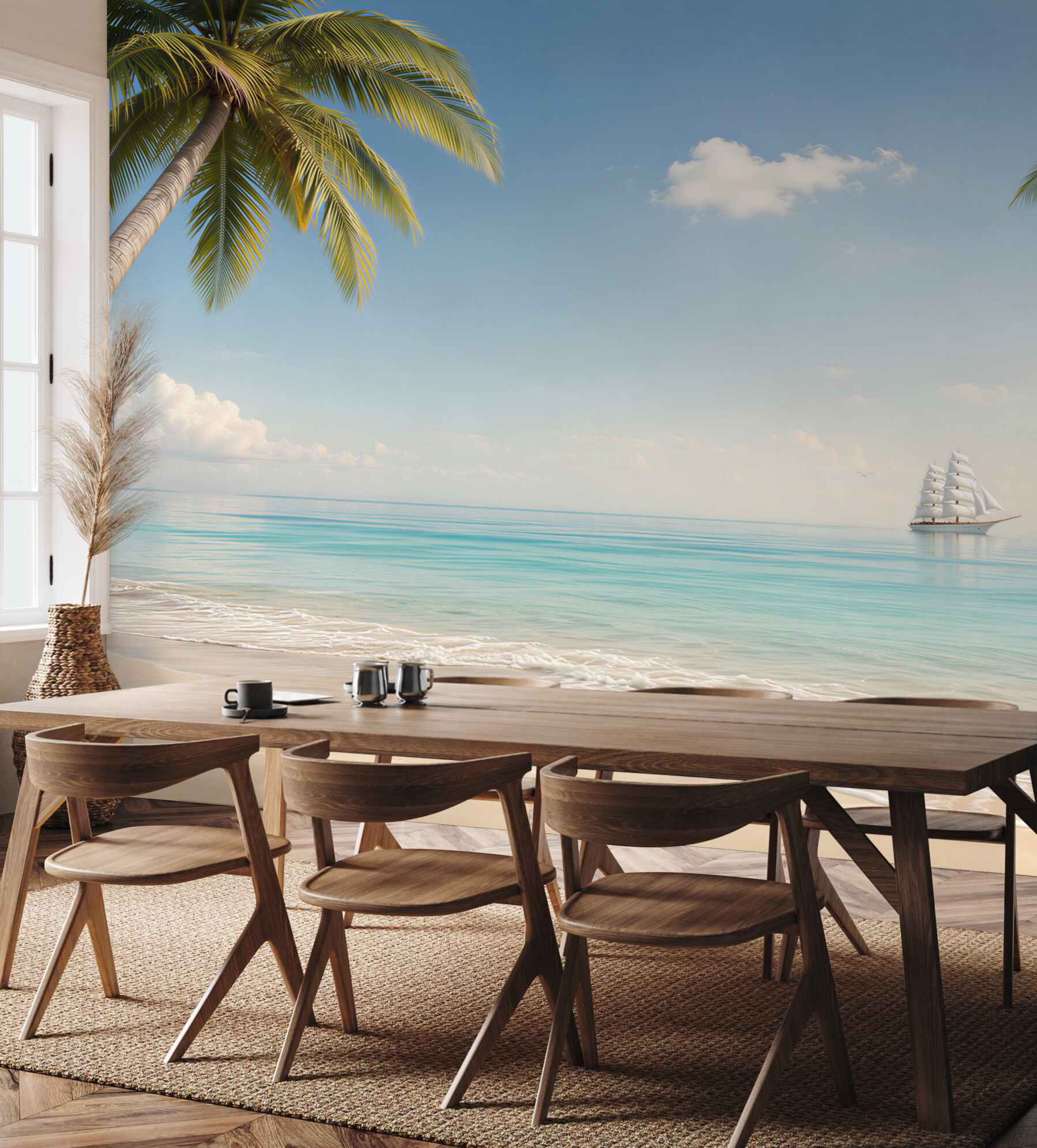 Fototapeta tropikalna plaża z palmami i żaglowcem w spokojnych błękitach?v23