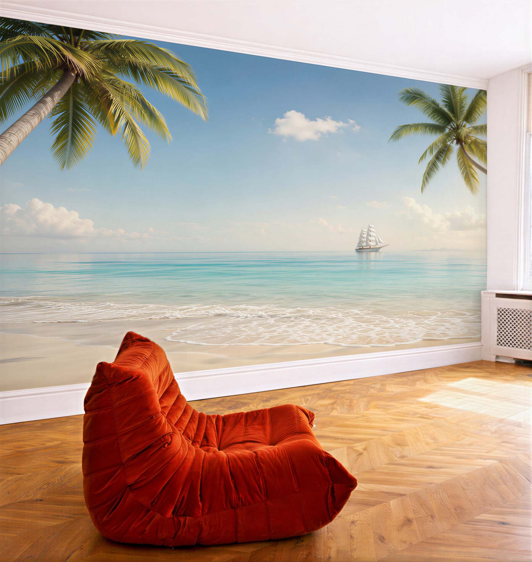 Fototapeta tropikalna plaża z palmami i żaglowcem w spokojnych błękitach?v23