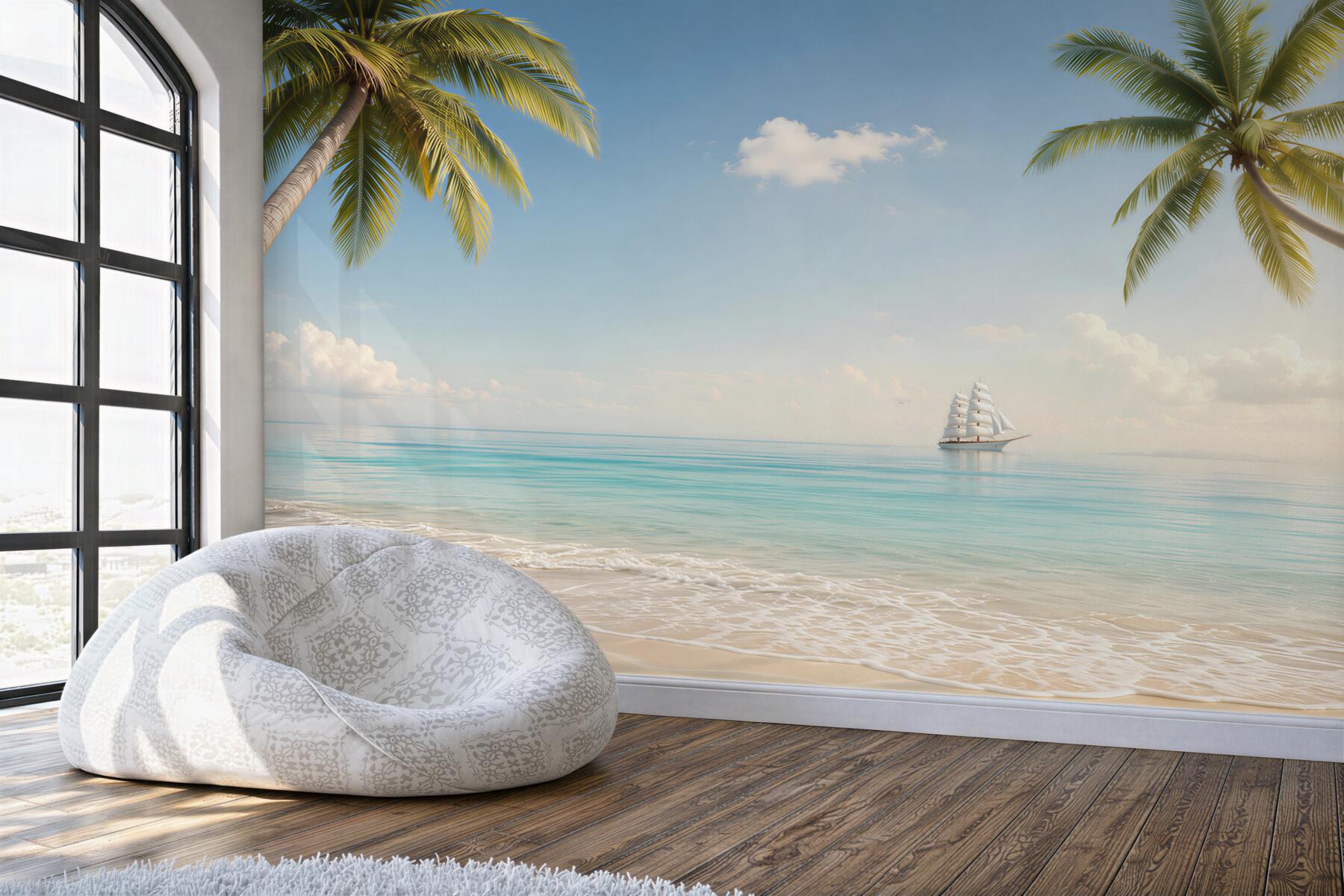 Fototapeta tropikalna plaża z palmami i żaglowcem w spokojnych błękitach