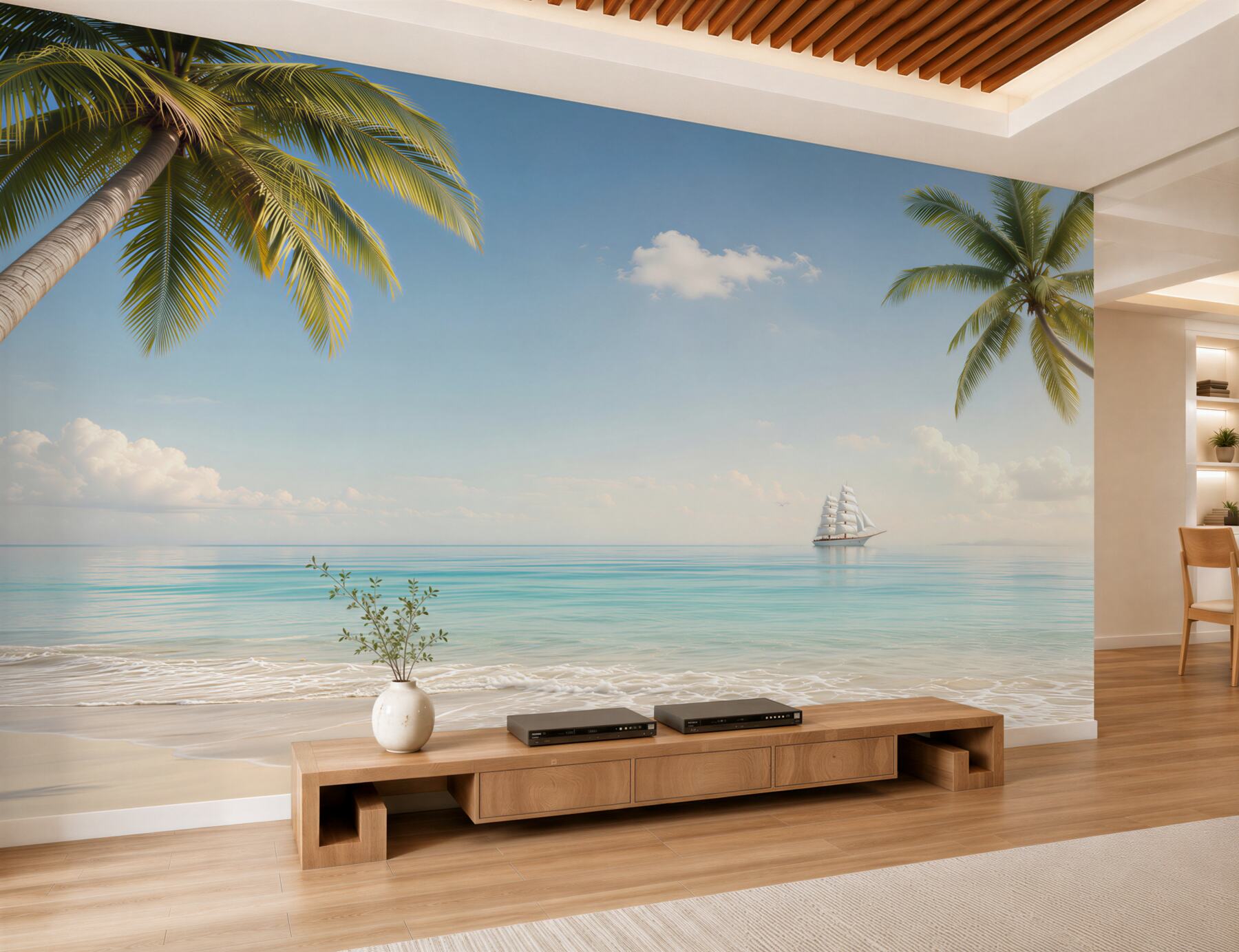 Fototapeta tropikalna plaża z palmami i żaglowcem w spokojnych błękitach?v23