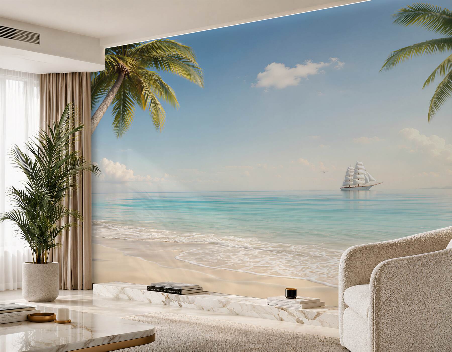 Fototapeta tropikalna plaża z palmami i żaglowcem w spokojnych błękitach?v23