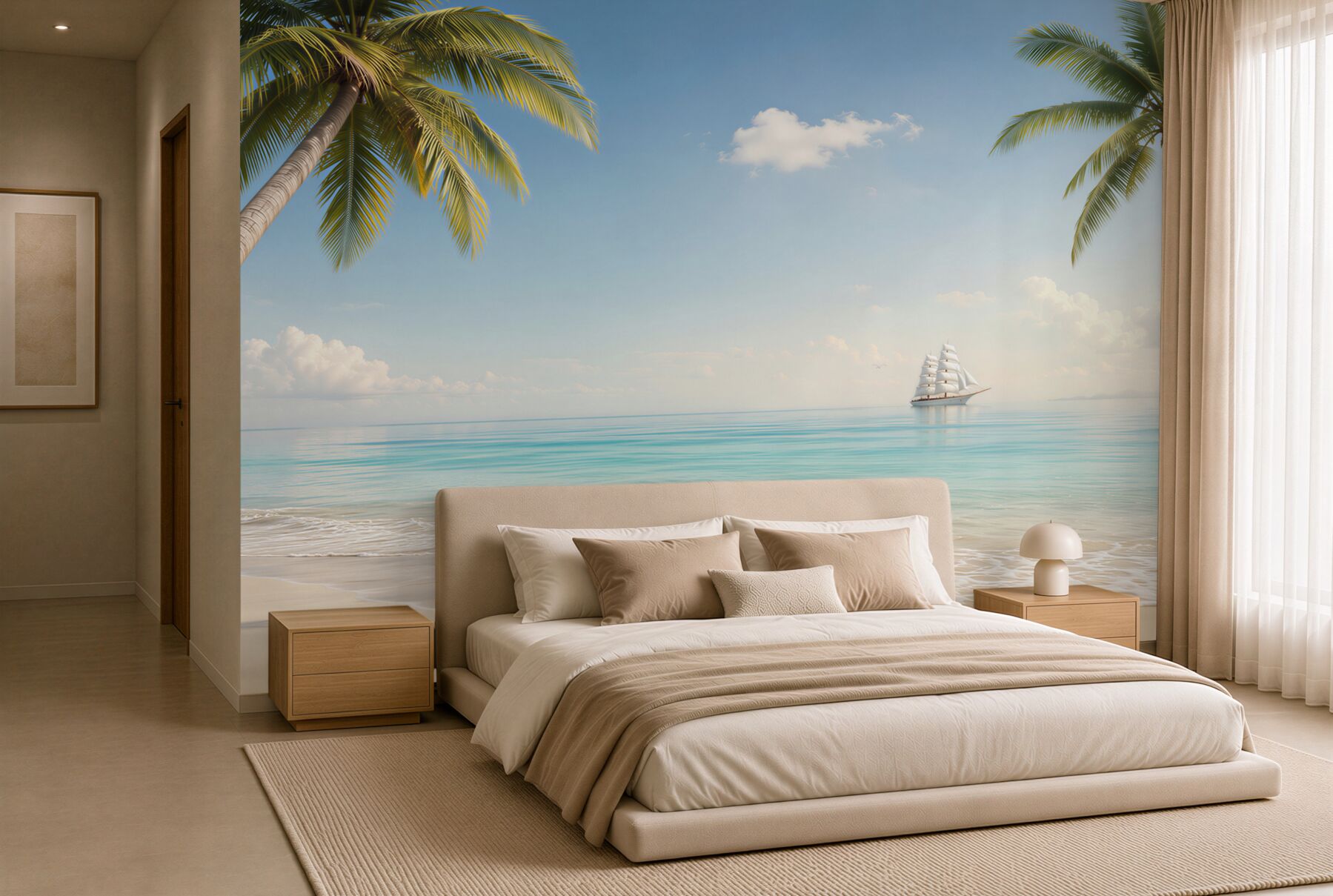 Fototapeta tropikalna plaża z palmami i żaglowcem w spokojnych błękitach?v23