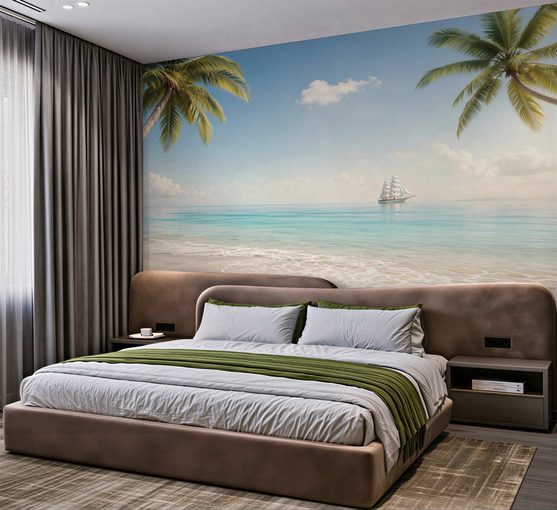 Fototapeta tropikalna plaża z palmami i żaglowcem w spokojnych błękitach?v23