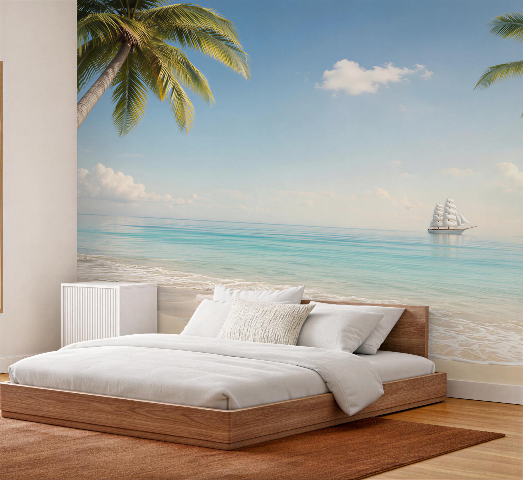 Fototapeta tropikalna plaża z palmami i żaglowcem w spokojnych błękitach?v23