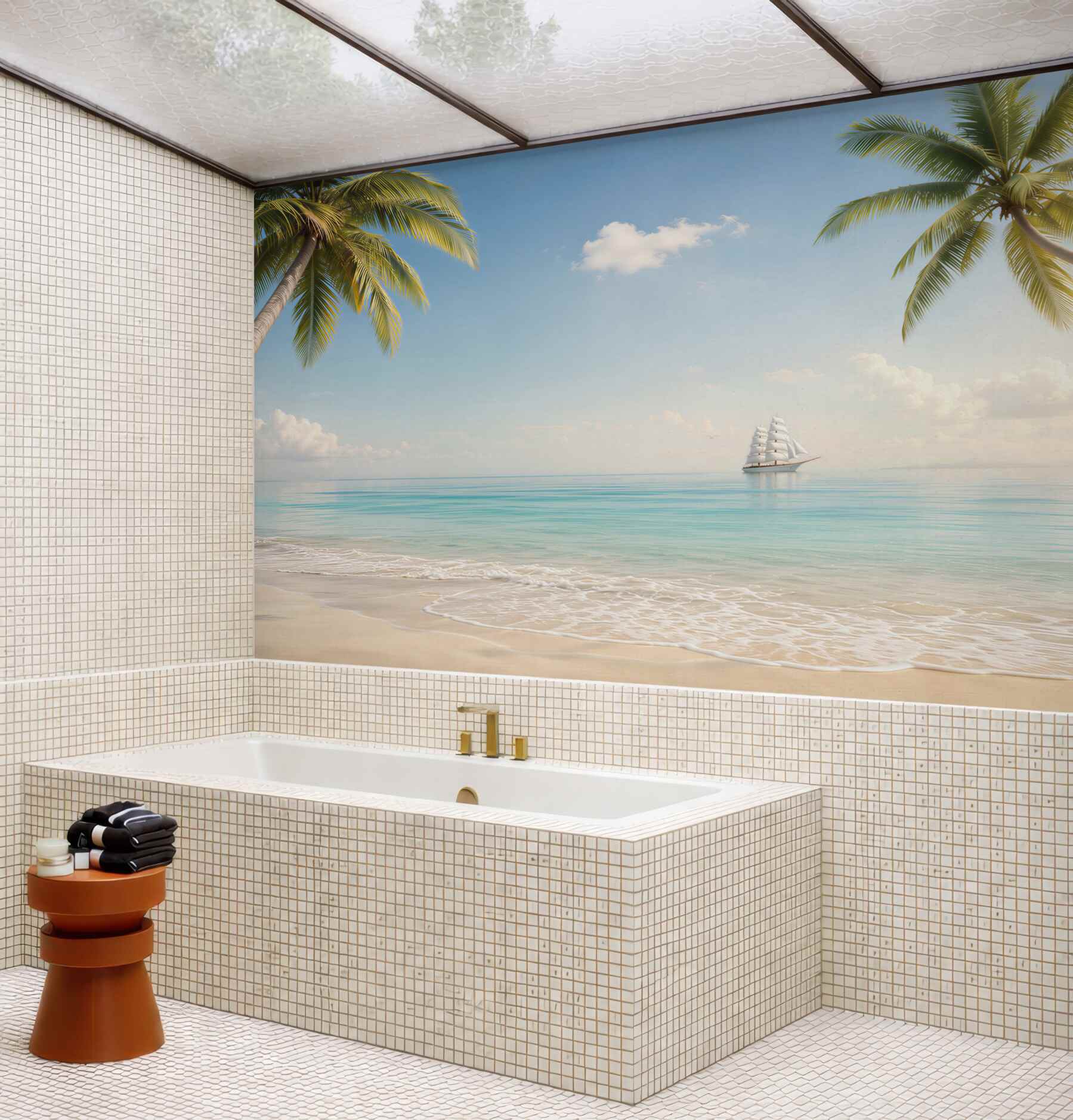 Fototapeta tropikalna plaża z palmami i żaglowcem w spokojnych błękitach?v23
