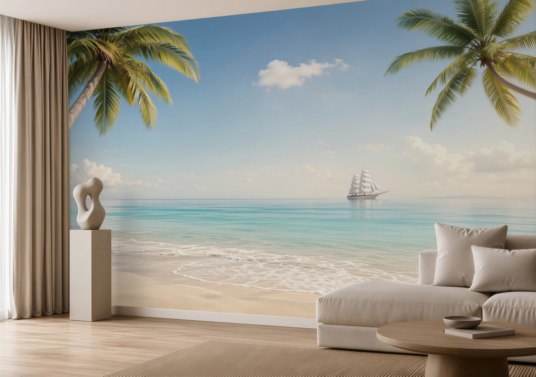 Fototapeta tropikalna plaża z palmami i żaglowcem w spokojnych błękitach?v23
