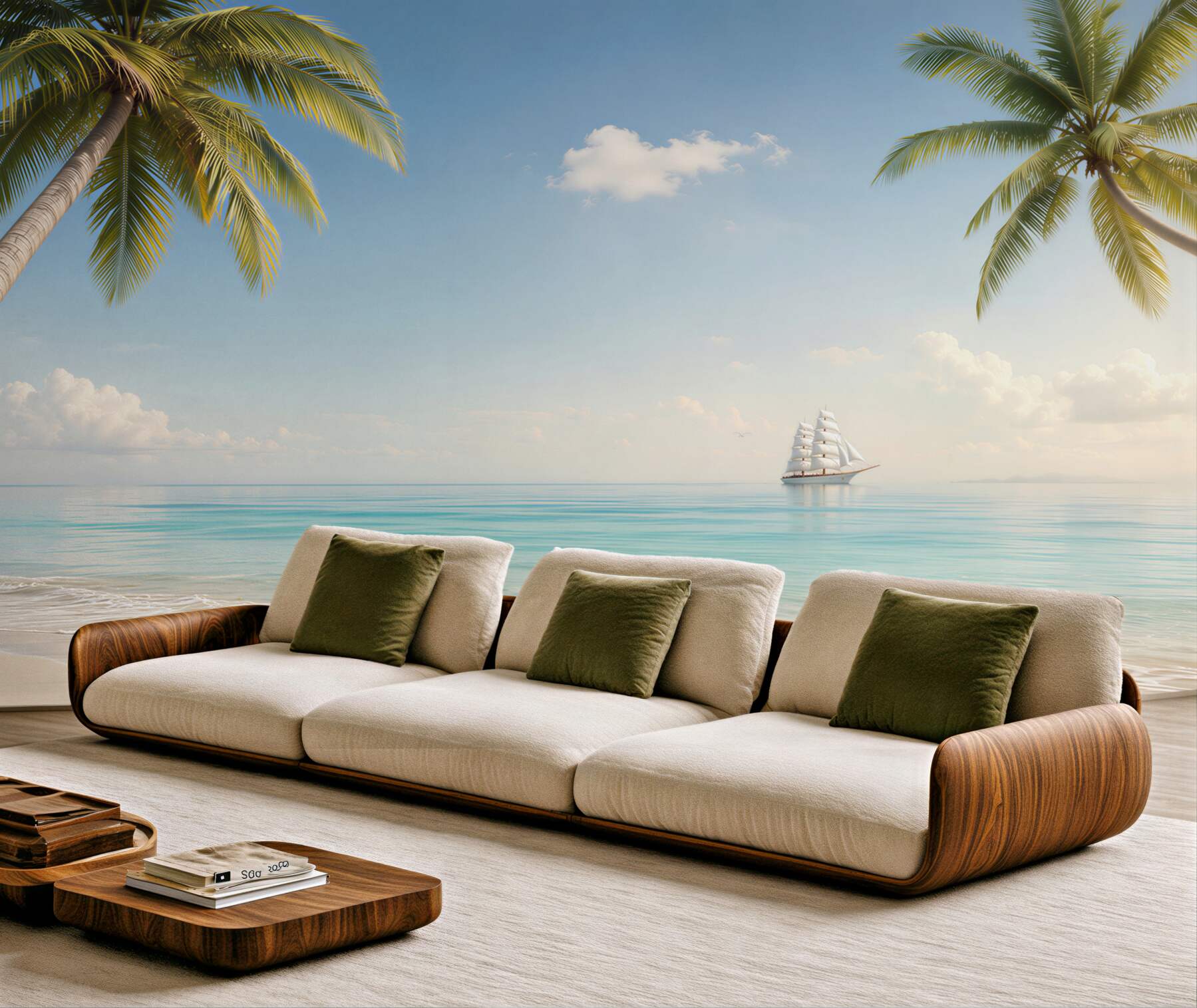 Fototapeta tropikalna plaża z palmami i żaglowcem w spokojnych błękitach?v23