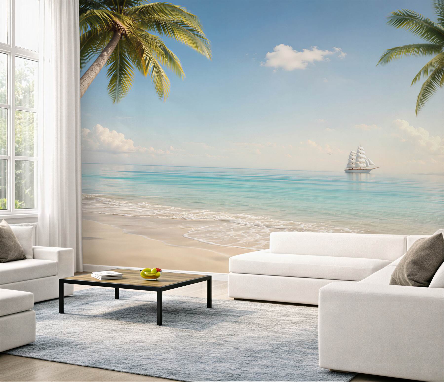 Fototapeta tropikalna plaża z palmami i żaglowcem w spokojnych błękitach?v23