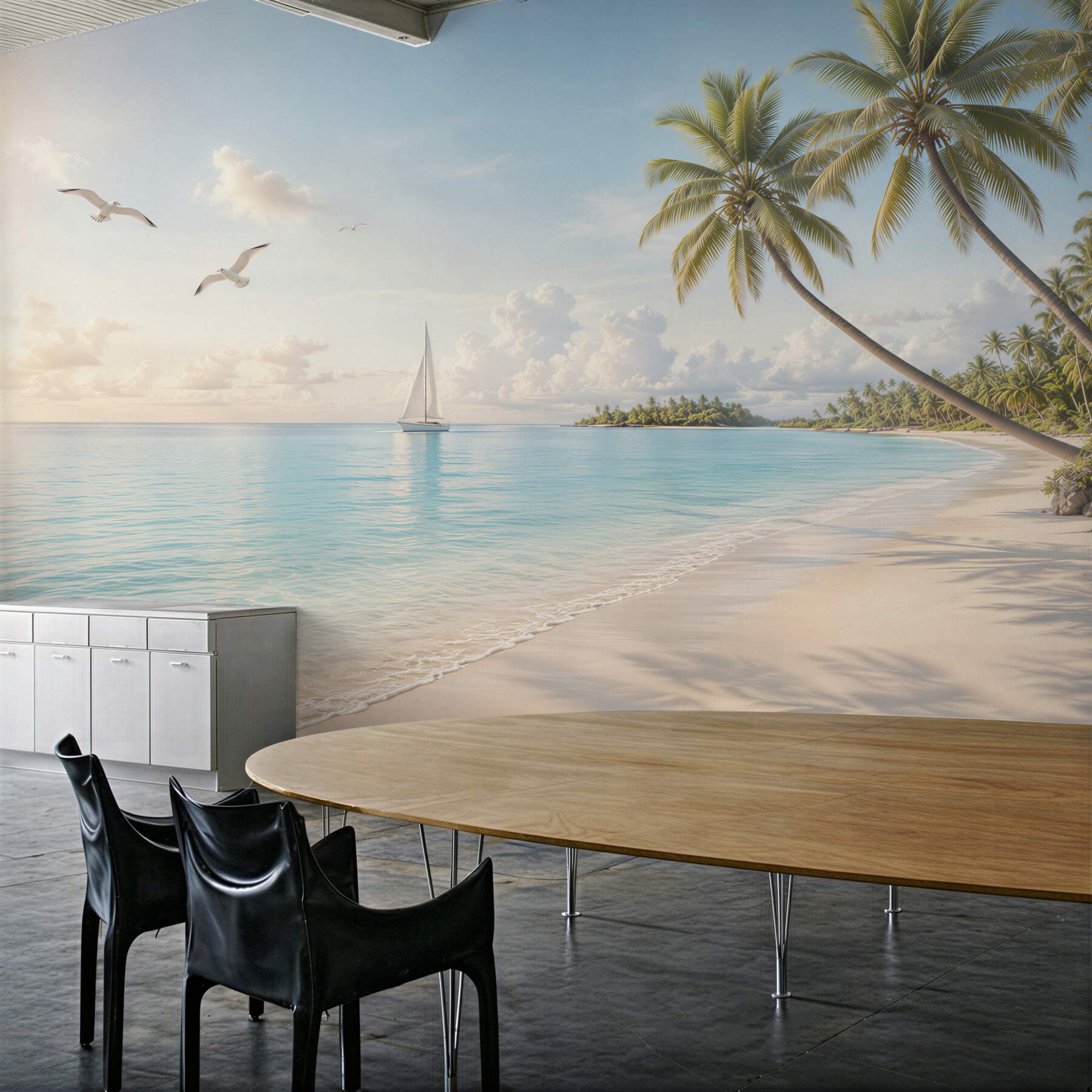 Fototapeta rajska plaża z palmami żaglówką i mewami w jasnych pastelach?v23