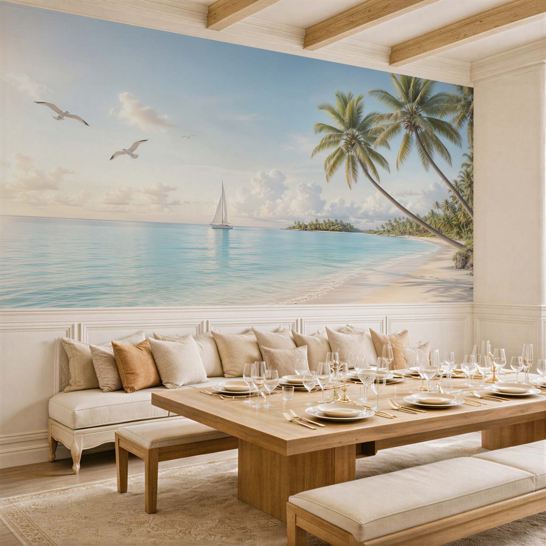 Fototapeta rajska plaża z palmami żaglówką i mewami w jasnych pastelach?v23