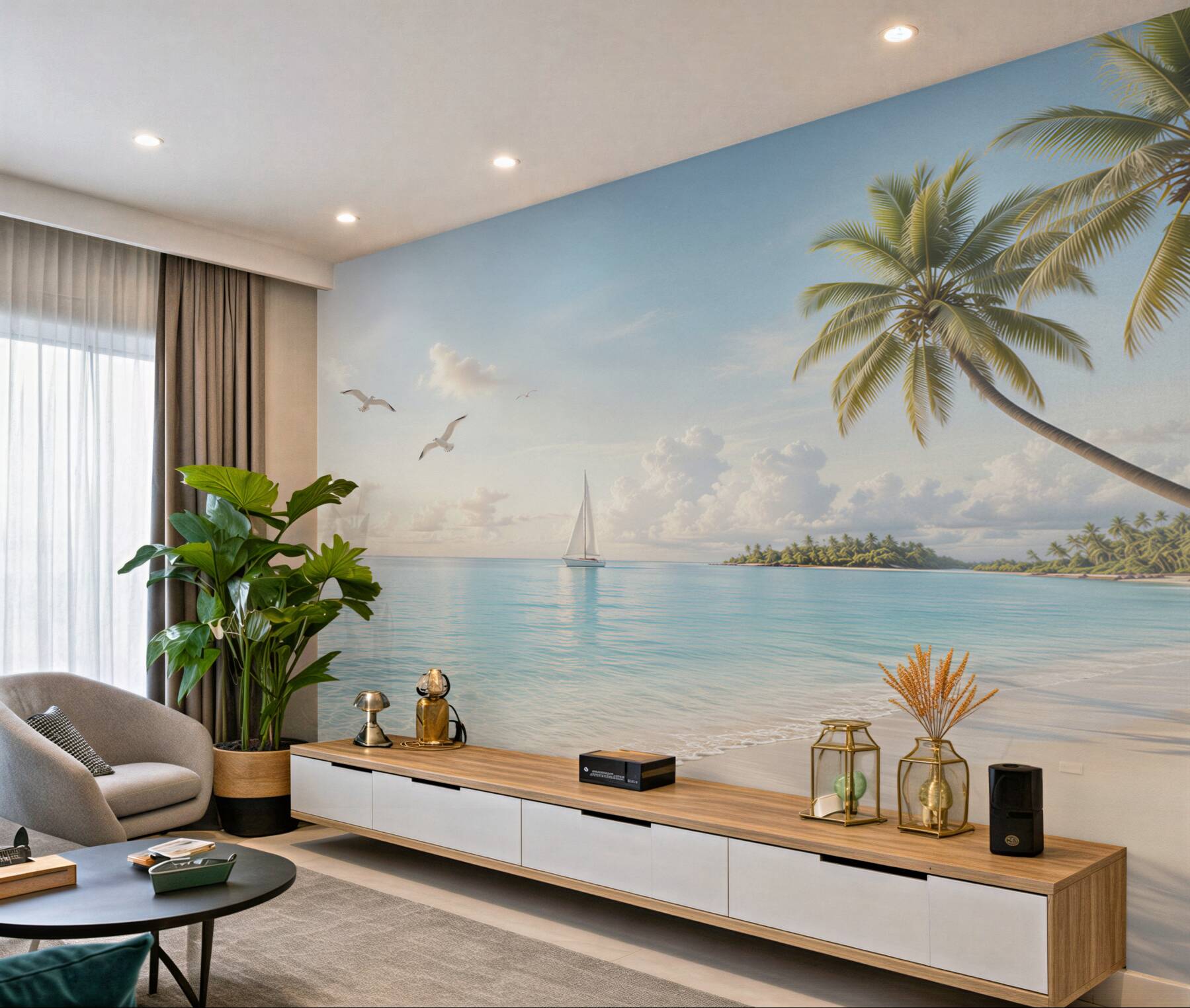 Fototapeta rajska plaża z palmami żaglówką i mewami w jasnych pastelach?v23