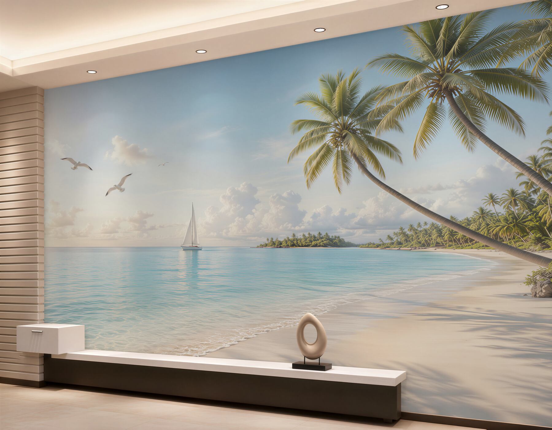 Fototapeta rajska plaża z palmami żaglówką i mewami w jasnych pastelach