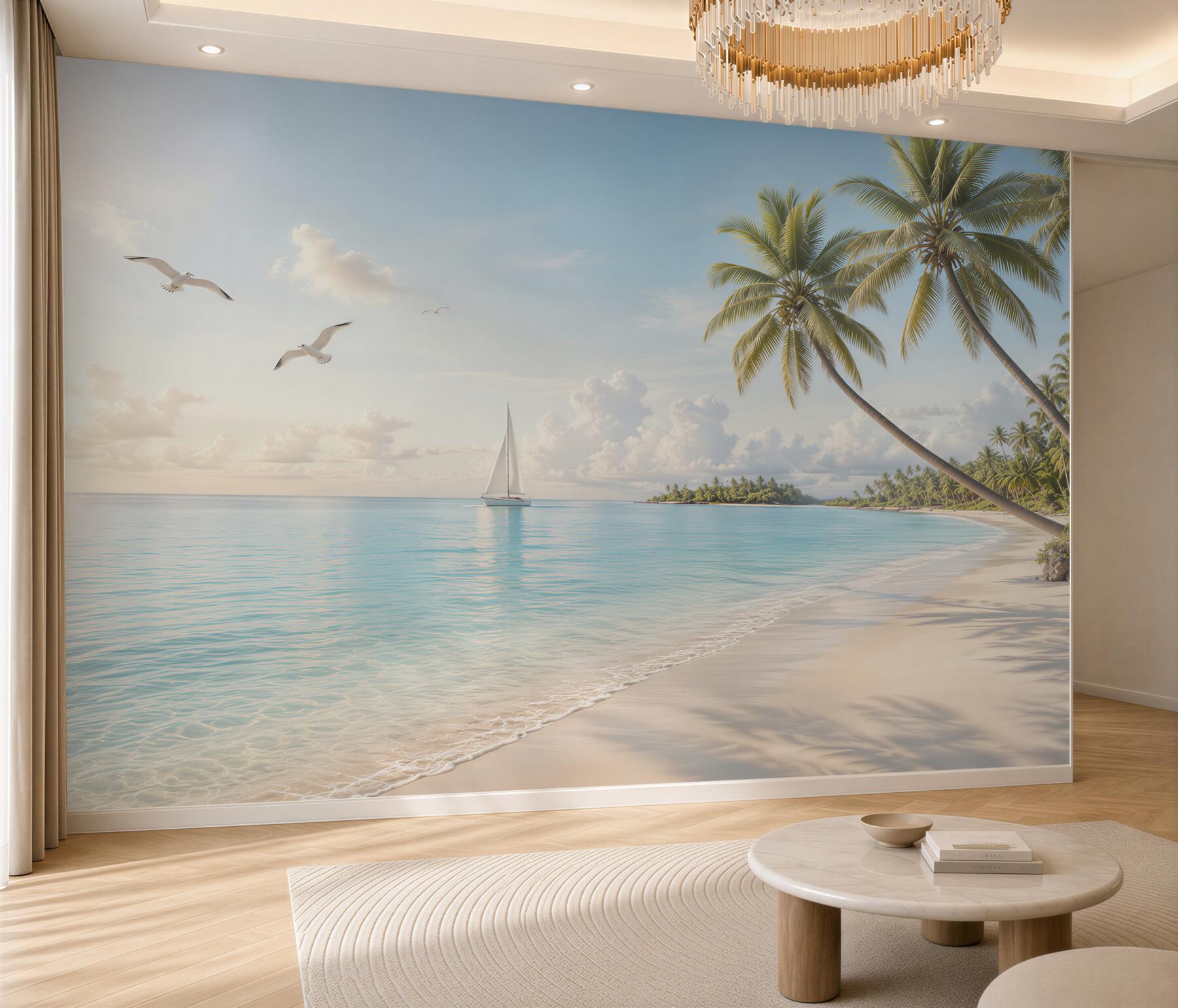 Fototapeta rajska plaża z palmami żaglówką i mewami w jasnych pastelach?v23