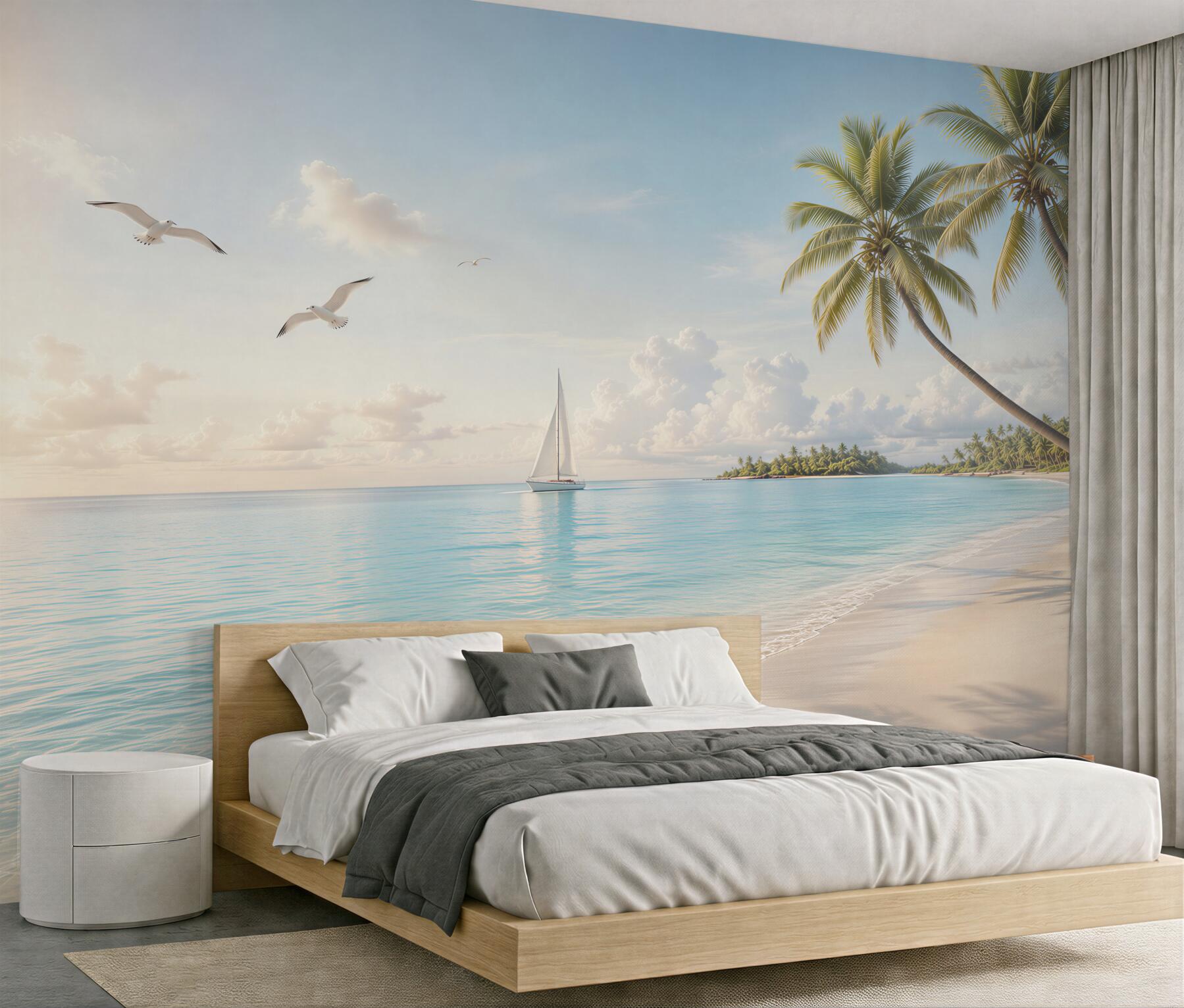 Fototapeta rajska plaża z palmami żaglówką i mewami w jasnych pastelach?v23