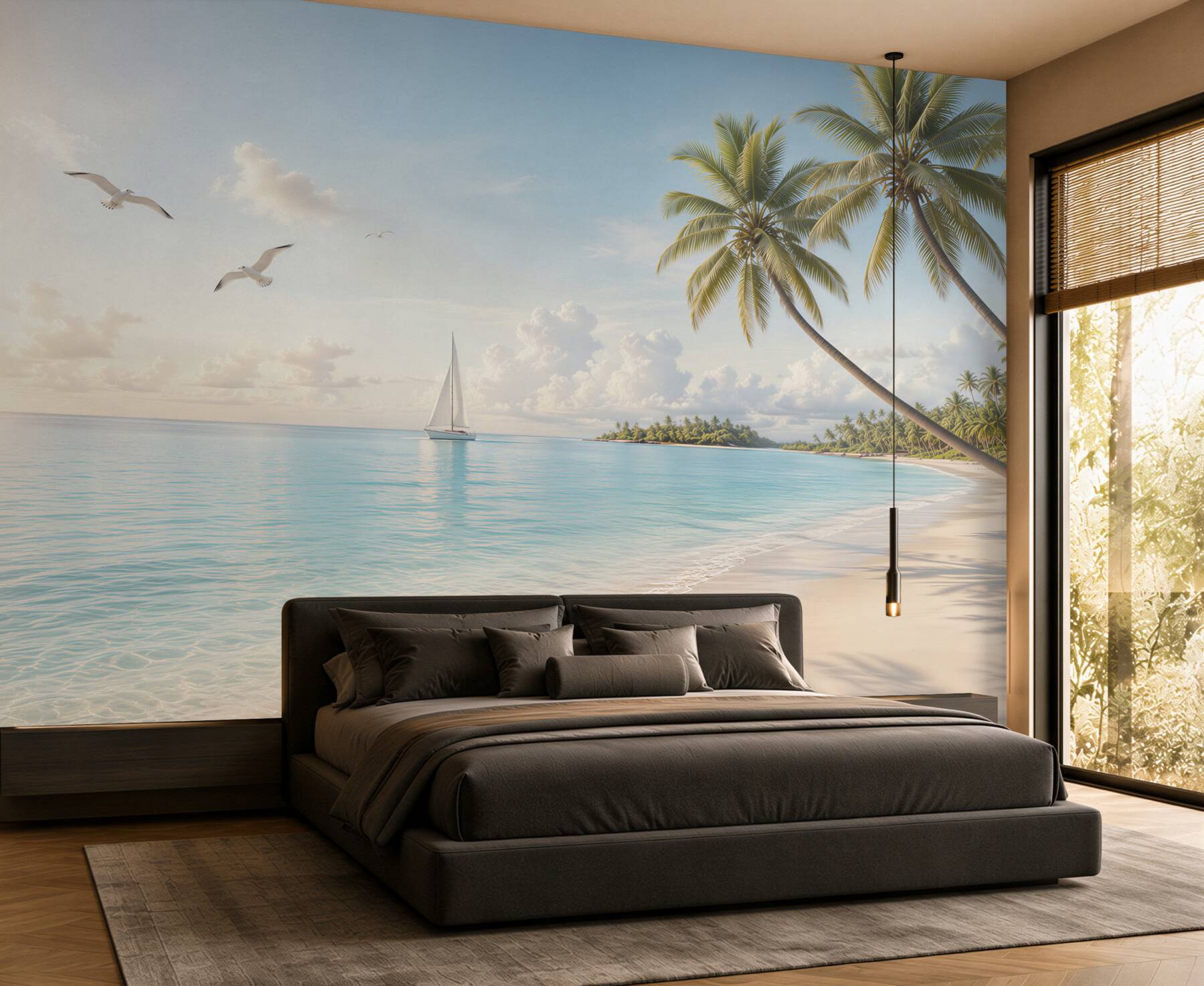 Fototapeta rajska plaża z palmami żaglówką i mewami w jasnych pastelach?v23