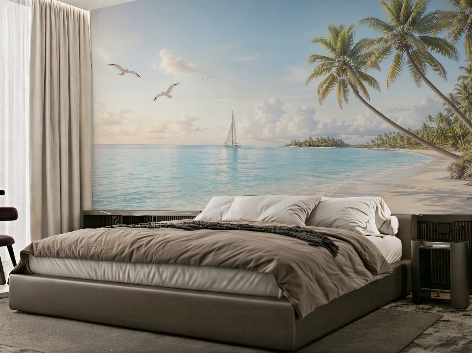 Fototapeta rajska plaża z palmami żaglówką i mewami w jasnych pastelach?v23