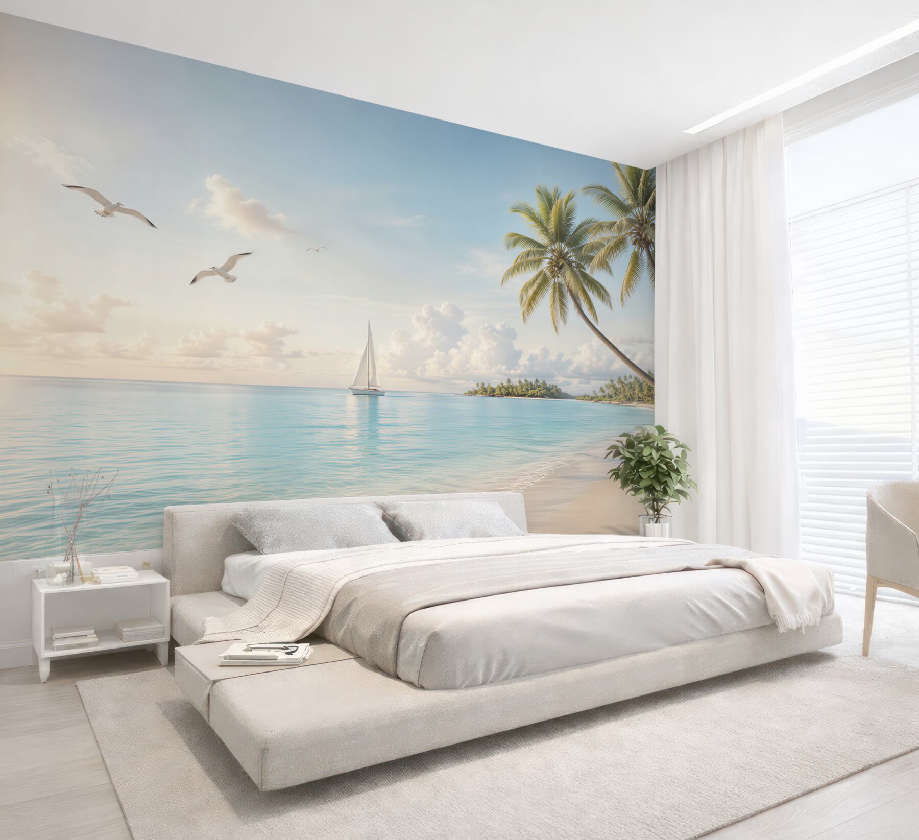 Fototapeta rajska plaża z palmami żaglówką i mewami w jasnych pastelach?v23