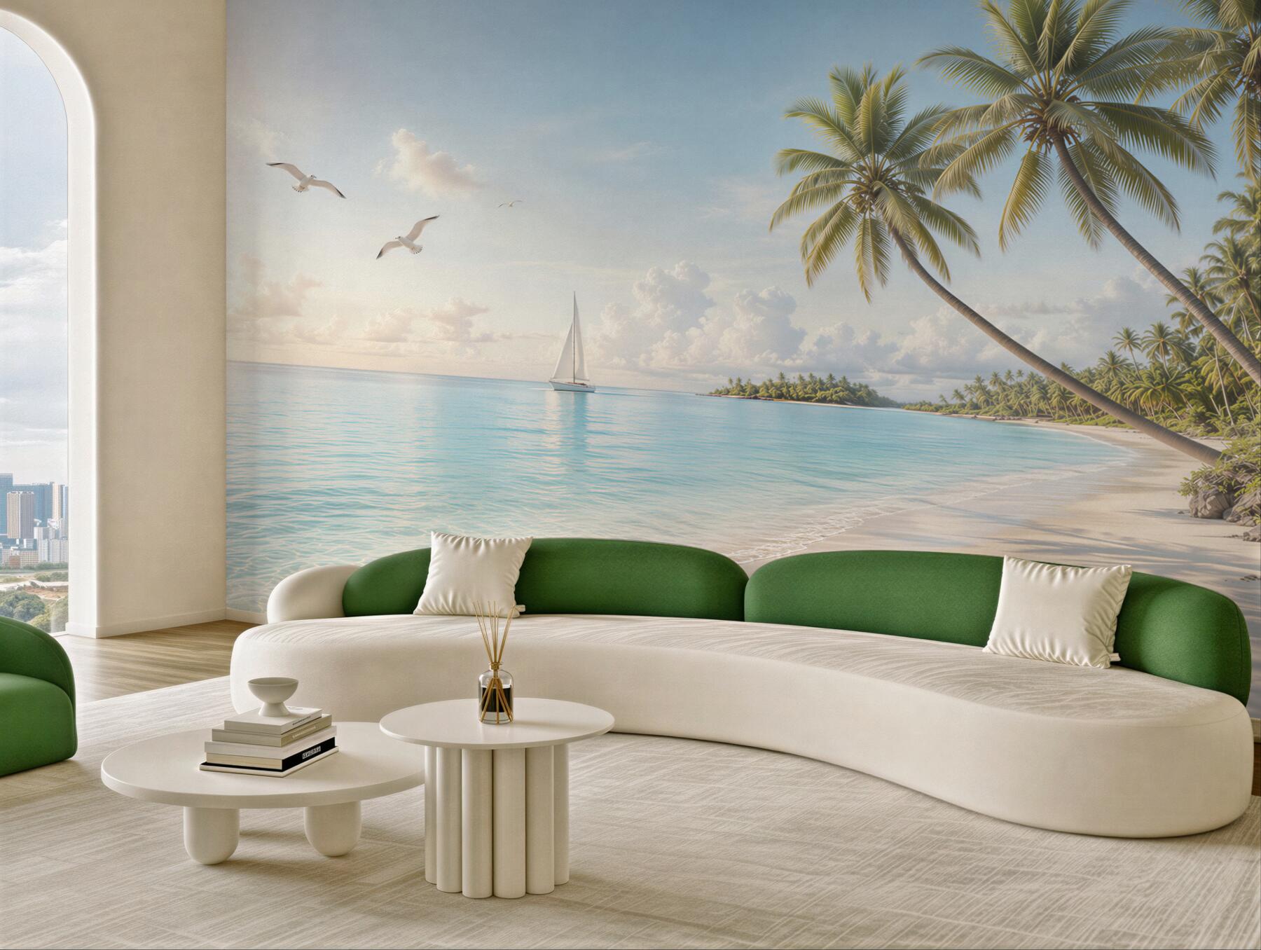 Fototapeta rajska plaża z palmami żaglówką i mewami w jasnych pastelach?v23