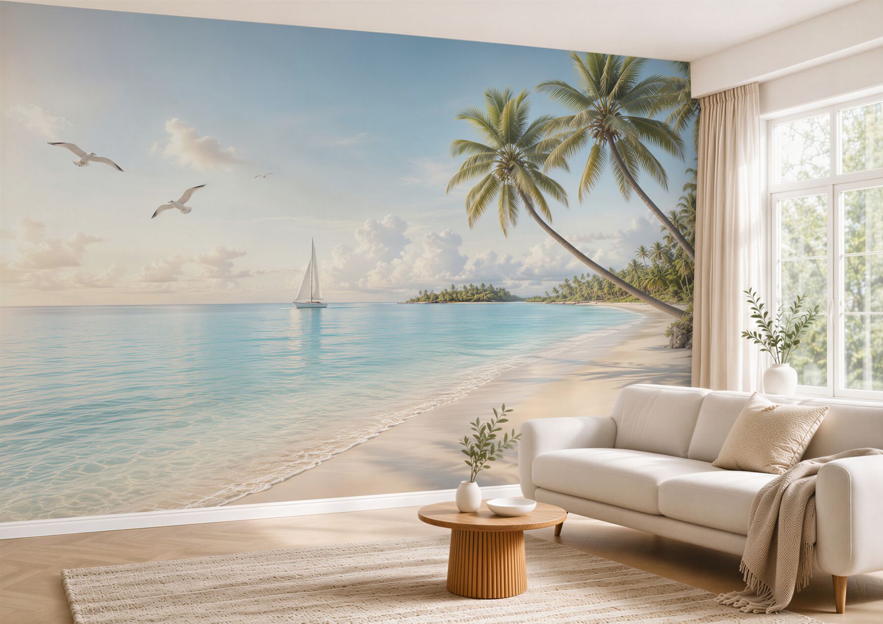 Fototapeta rajska plaża z palmami żaglówką i mewami w jasnych pastelach?v23
