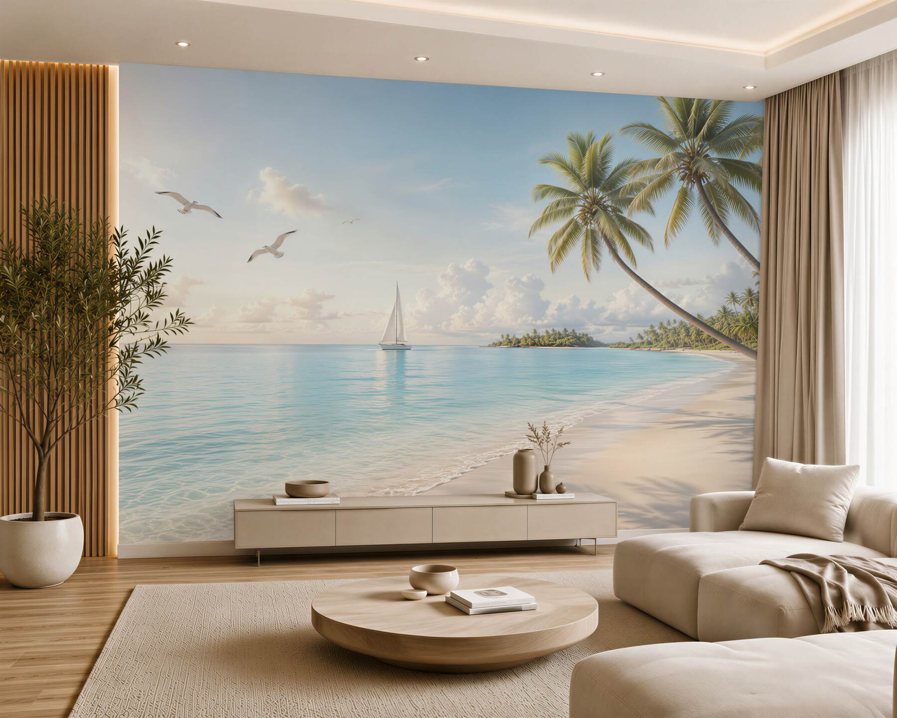 Fototapeta rajska plaża z palmami żaglówką i mewami w jasnych pastelach?v23