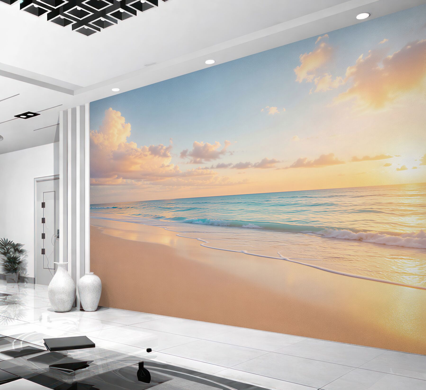 Fototapeta wschód słońca nad morzem spokojna plaża w złocistych pastelach?v23