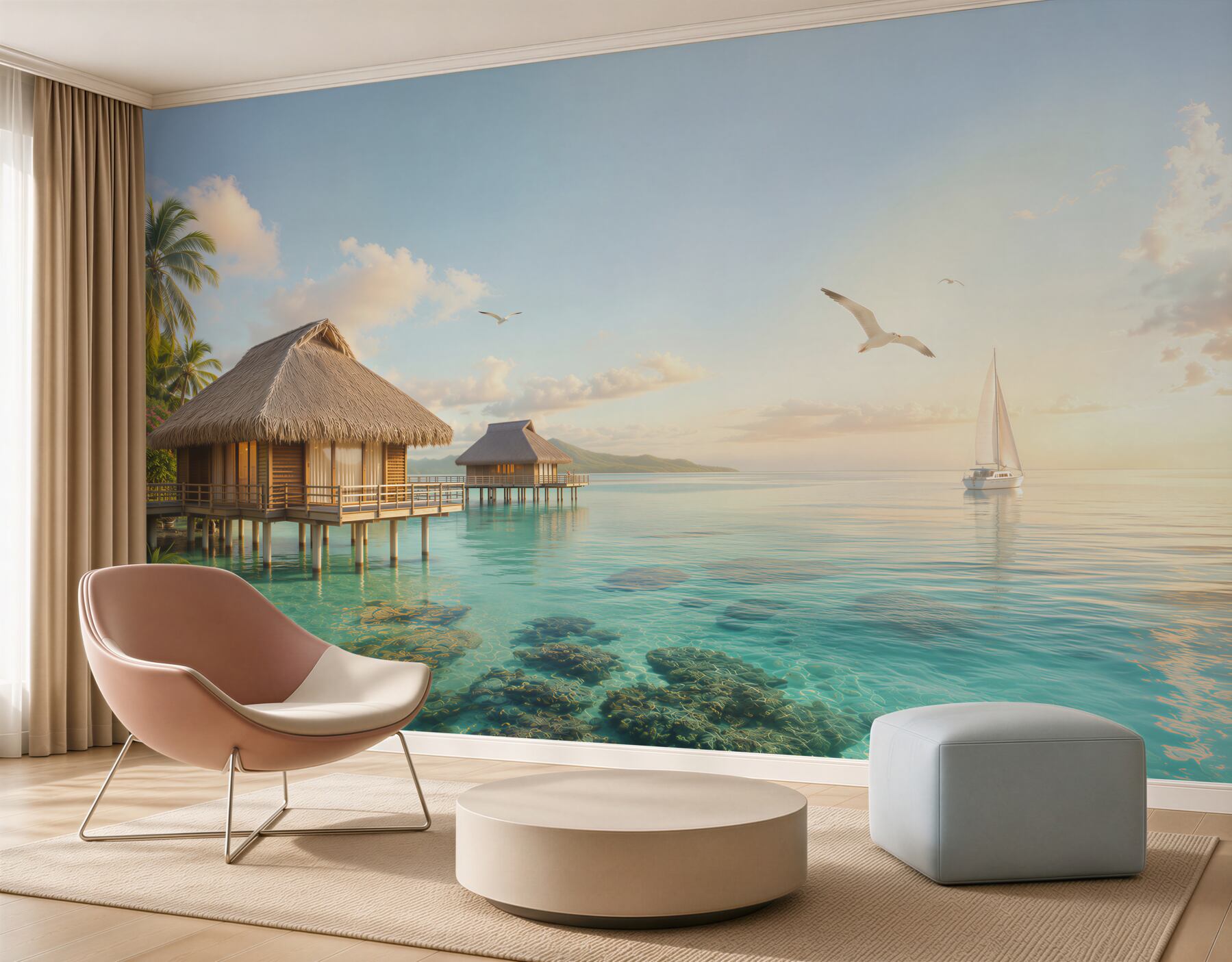 Fototapeta bungalowy na wodzie i żaglówka o wschodzie słońca?v23