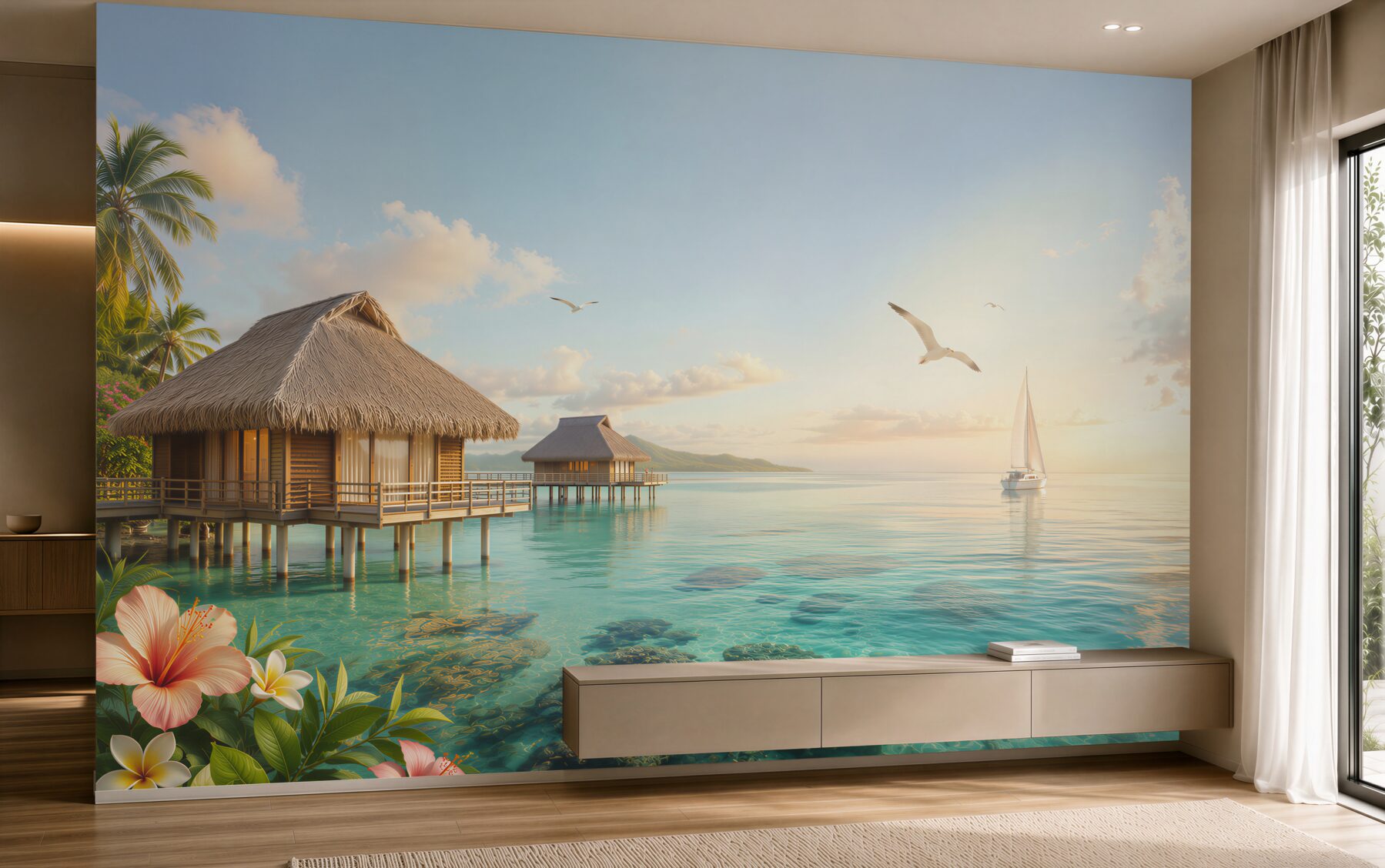 Fototapeta bungalowy na wodzie i żaglówka o wschodzie słońca?v23