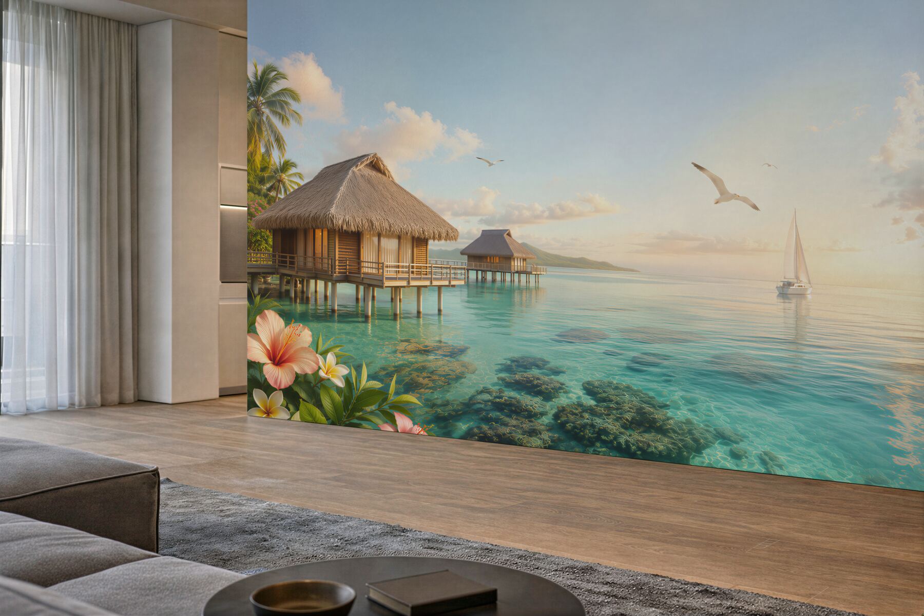 Fototapeta bungalowy na wodzie i żaglówka o wschodzie słońca?v23
