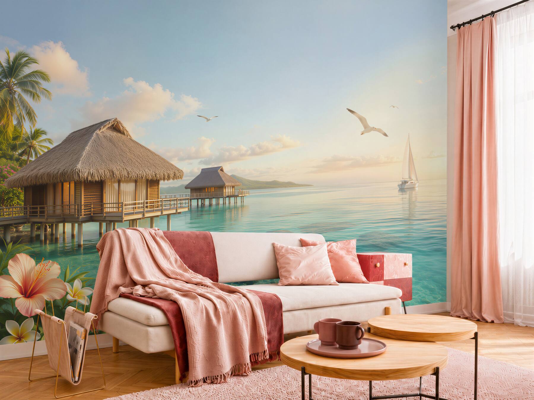 Fototapeta bungalowy na wodzie i żaglówka o wschodzie słońca?v23