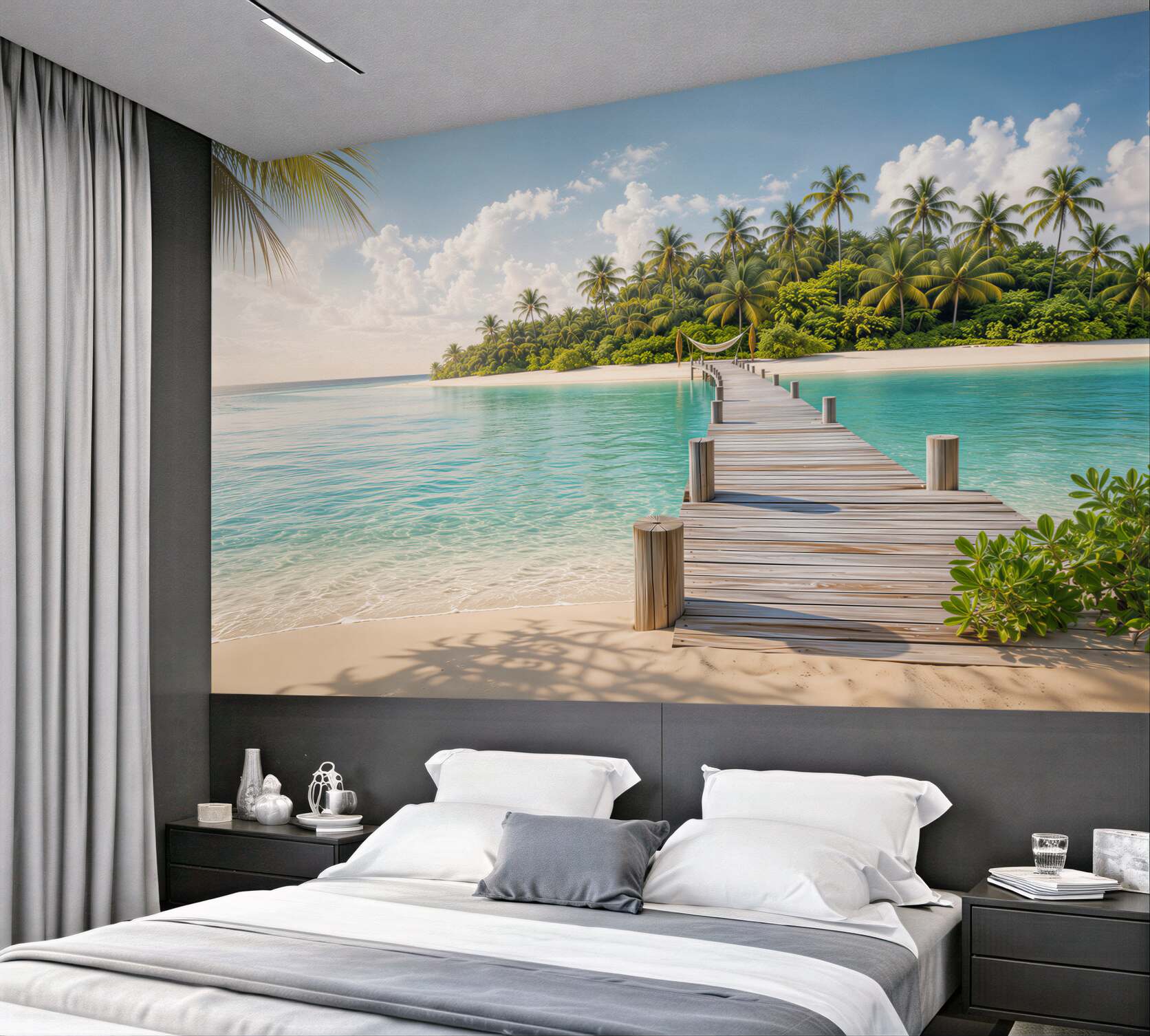 Fototapeta tropikalna wyspa z drewnianym pomostem i palmami?v23