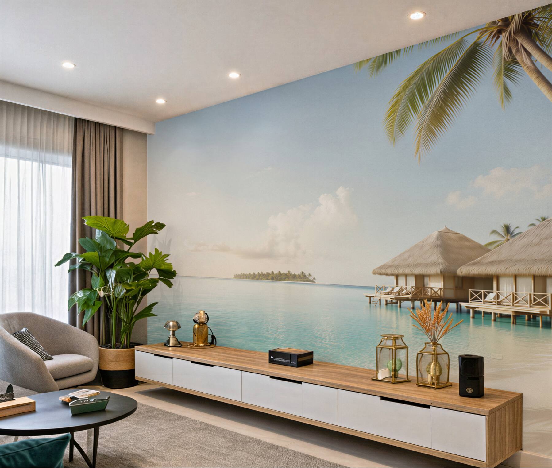 Fototapeta bungalowy nad laguną z palmami i spokojną plażą?v23