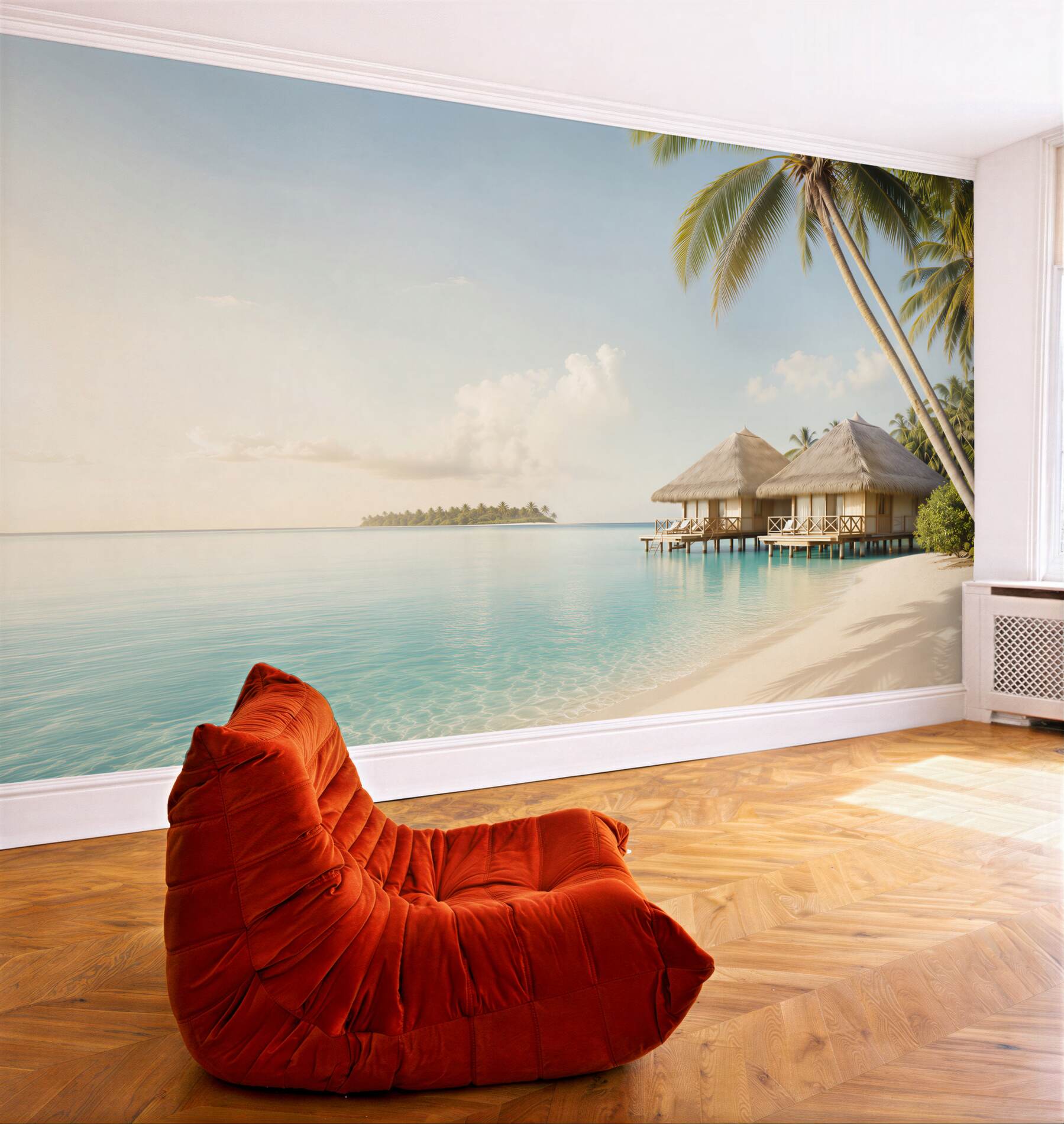 Fototapeta bungalowy nad laguną z palmami i spokojną plażą?v23