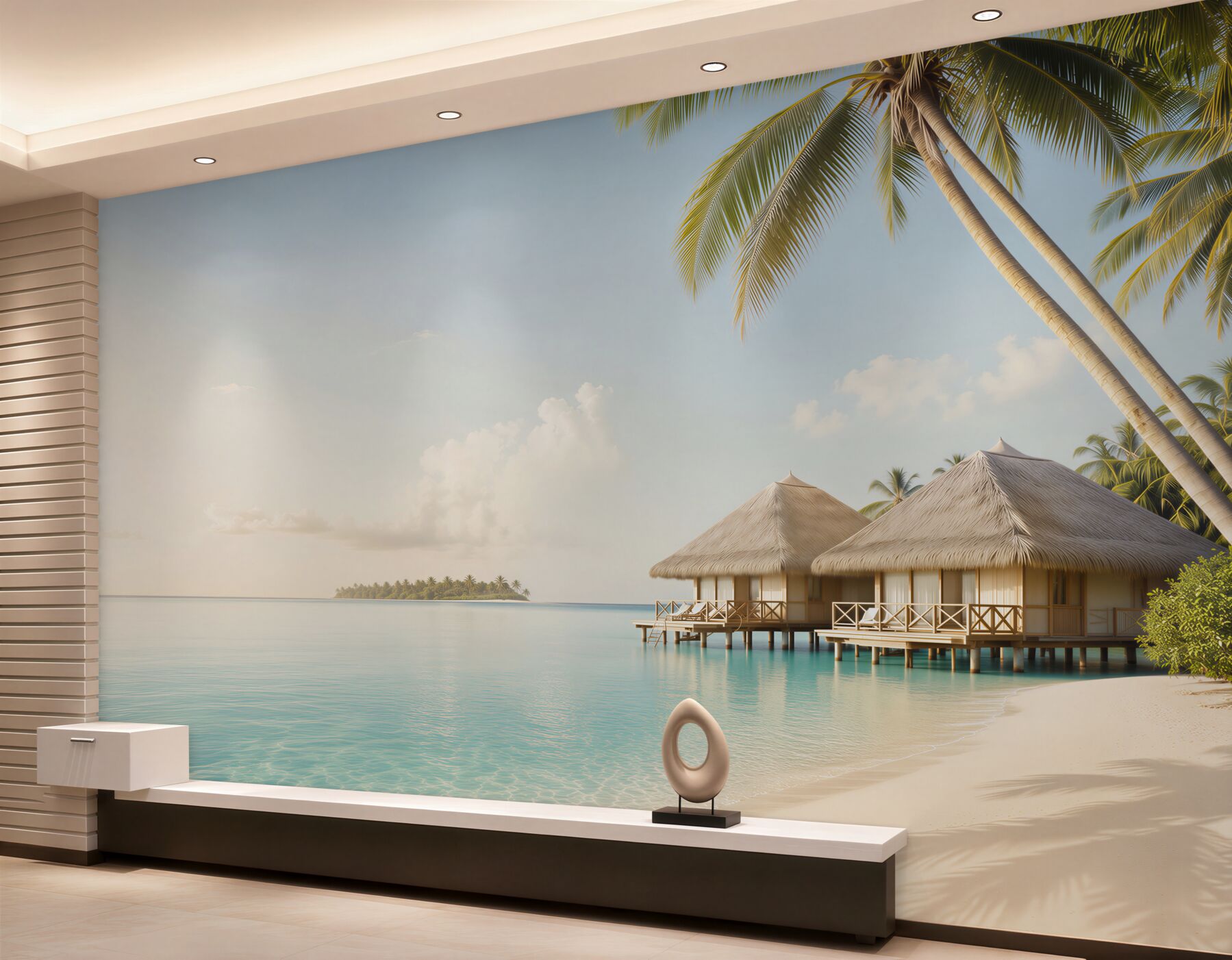 Fototapeta bungalowy nad laguną z palmami i spokojną plażą?v23