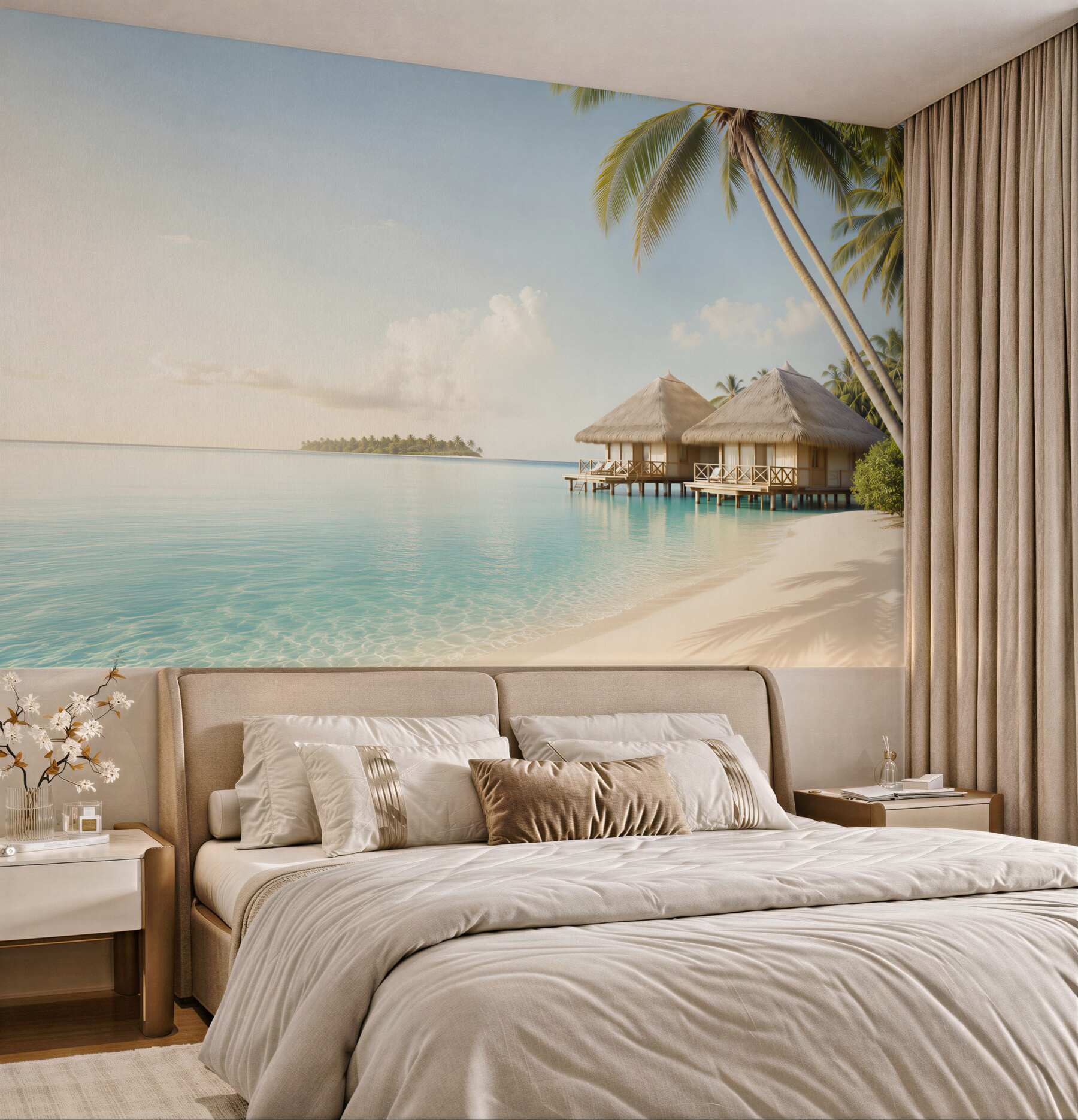 Fototapeta bungalowy nad laguną z palmami i spokojną plażą?v23