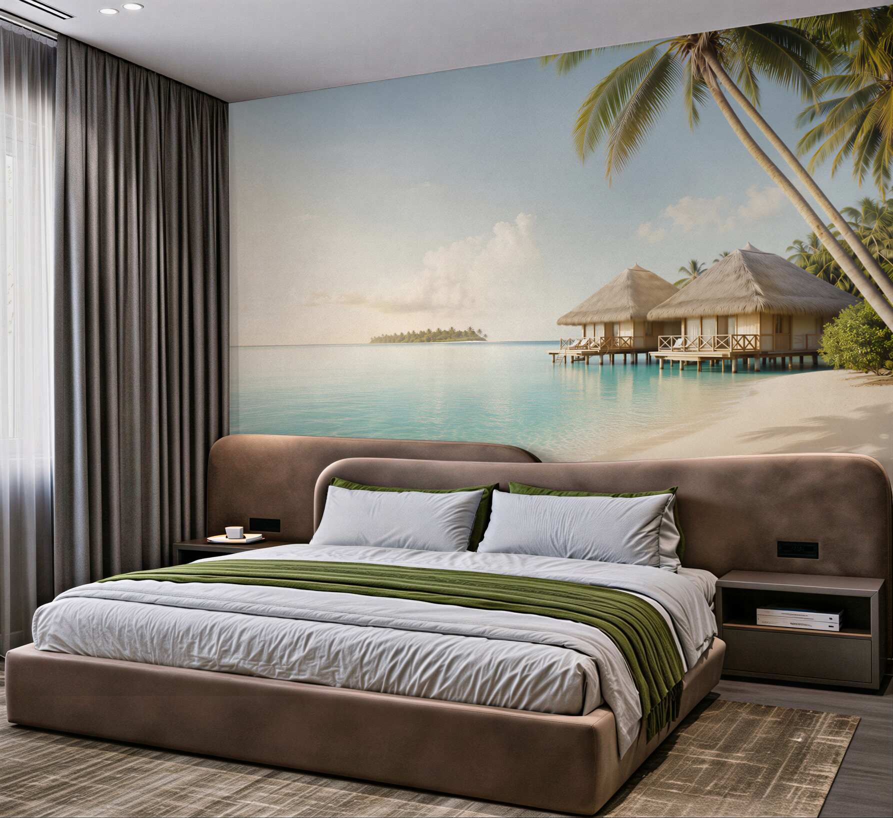 Fototapeta bungalowy nad laguną z palmami i spokojną plażą?v23