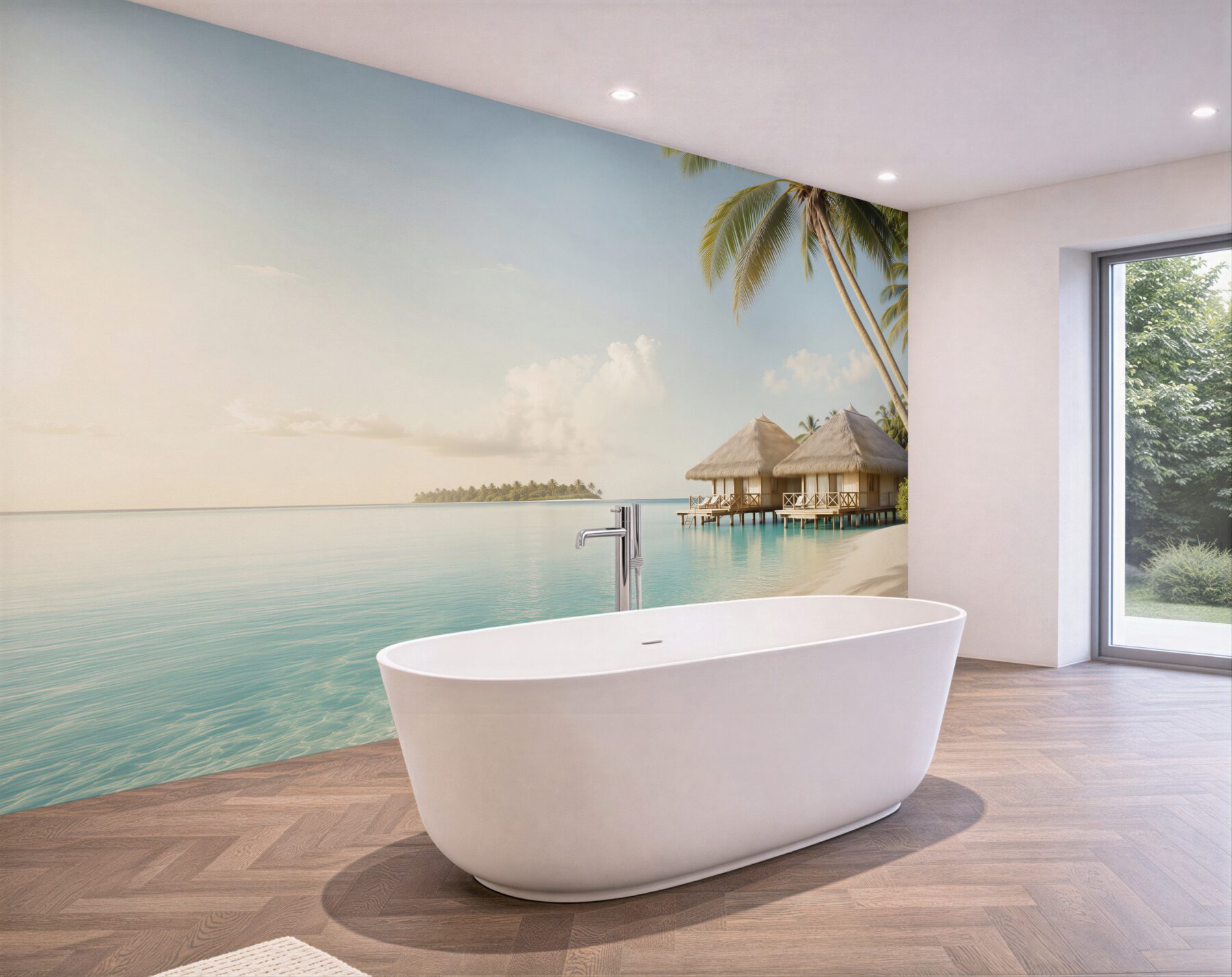 Fototapeta bungalowy nad laguną z palmami i spokojną plażą?v23
