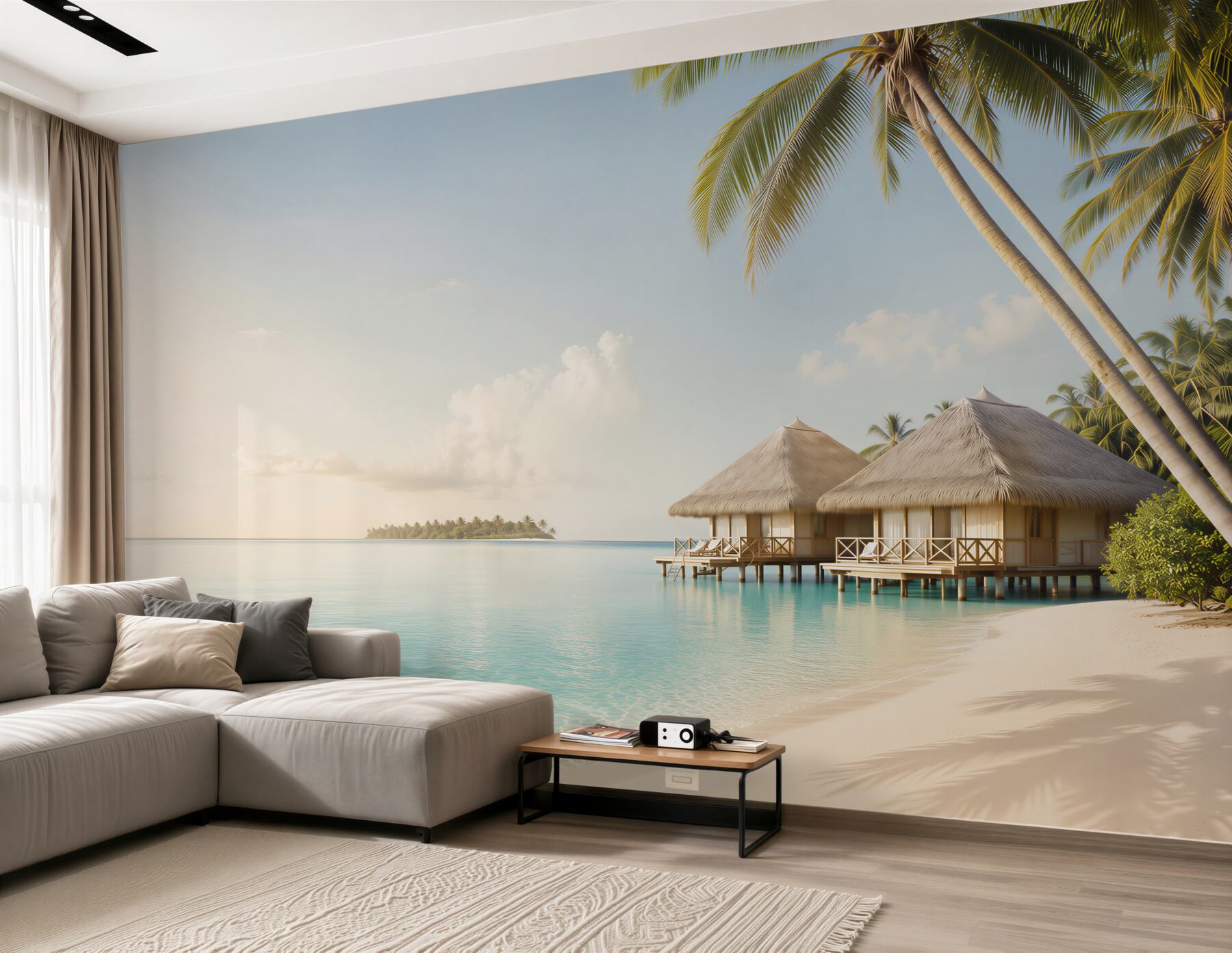 Fototapeta bungalowy nad laguną z palmami i spokojną plażą?v23