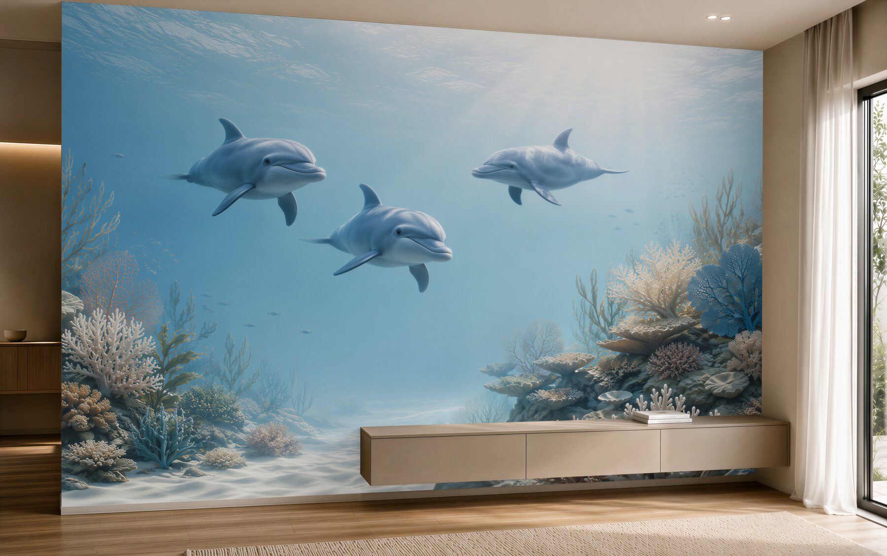 Fototapeta delfiny pod wodą wśród rafy koralowej błękitna?v23