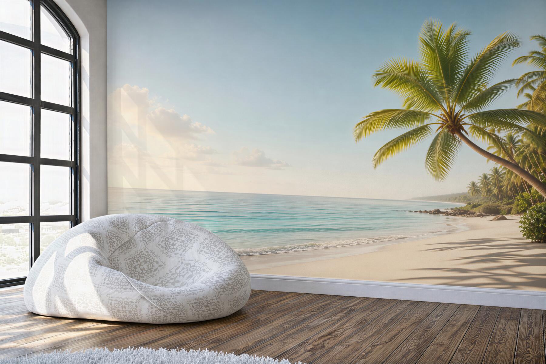 Fototapeta tropikalna plaża z palmami i spokojnym morzem o poranku?v23