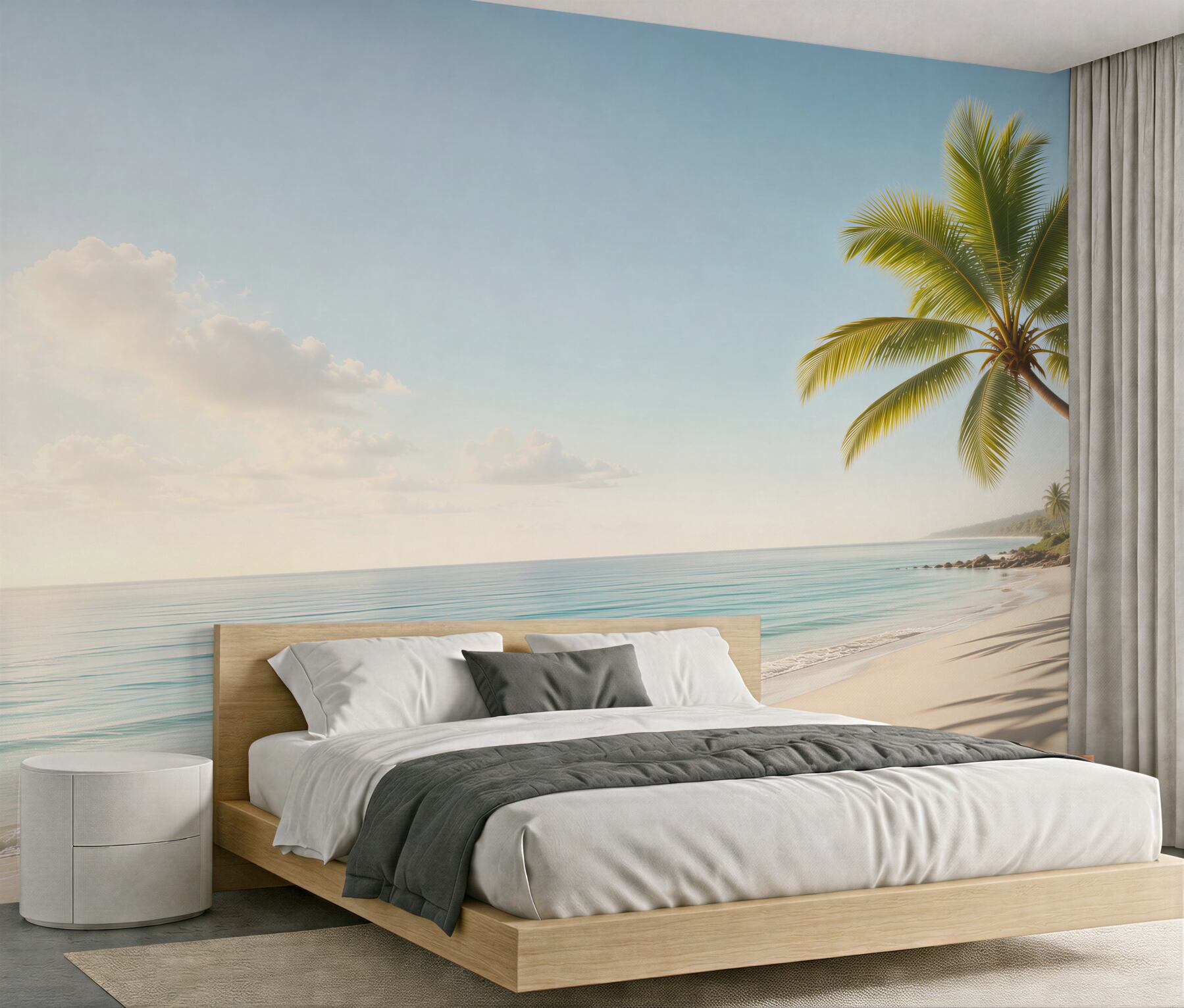 Fototapeta tropikalna plaża z palmami i spokojnym morzem o poranku?v23