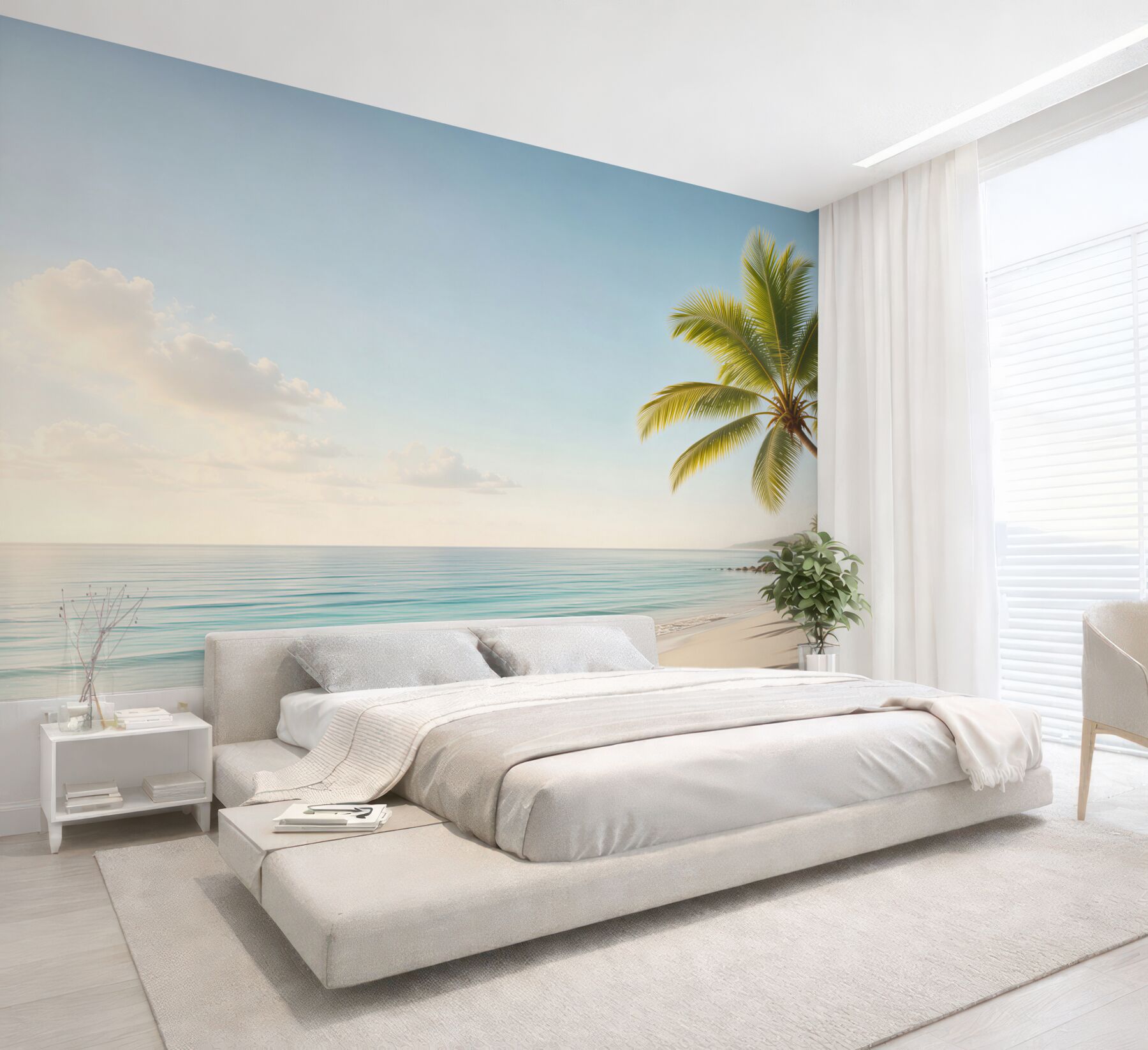 Fototapeta tropikalna plaża z palmami i spokojnym morzem o poranku?v23