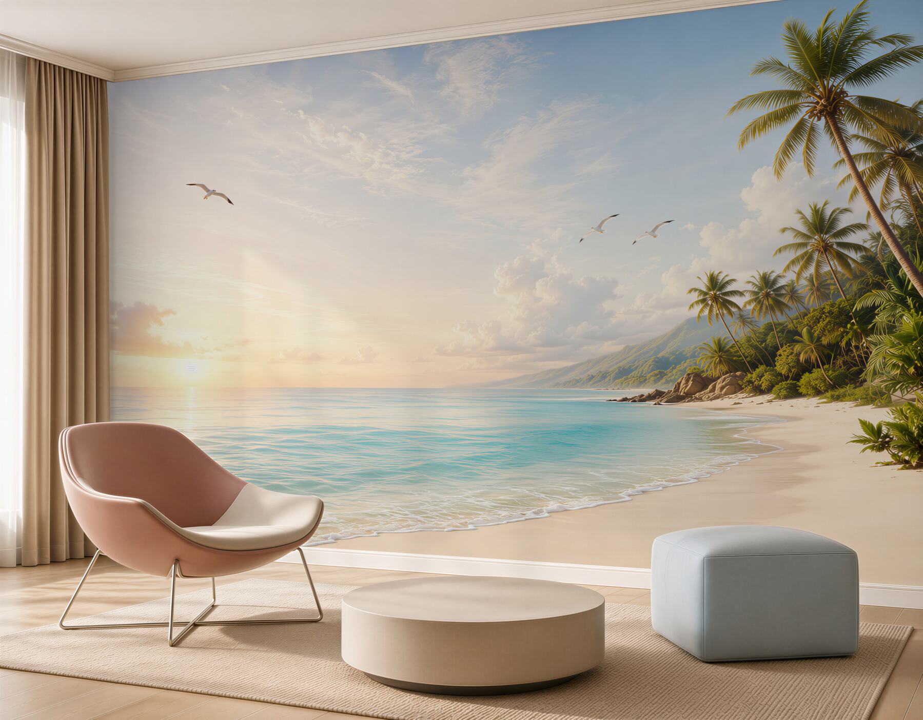 Fototapeta rajska plaża z palmami górami i mewami o wschodzie słońca?v23