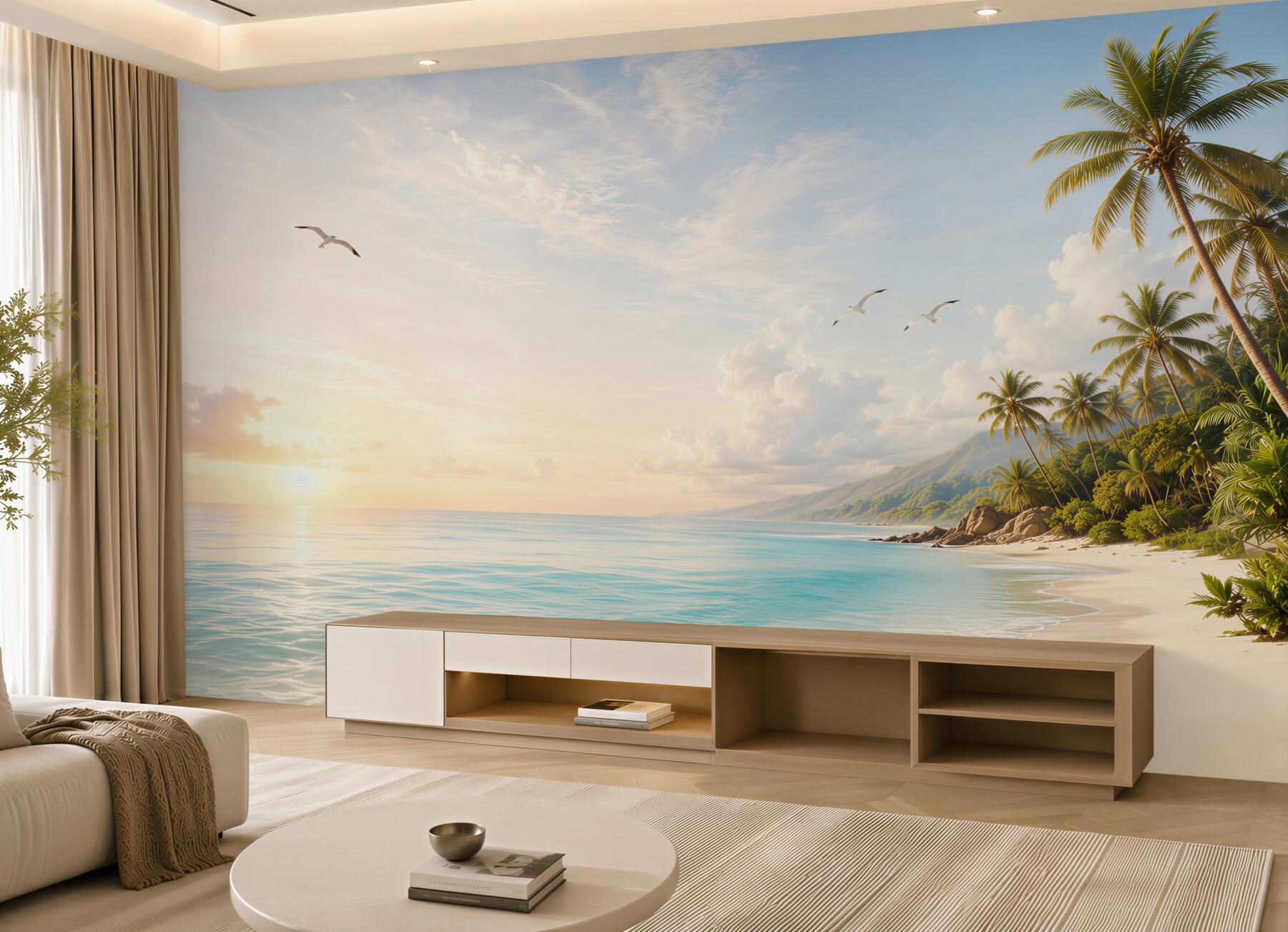 Fototapeta rajska plaża z palmami górami i mewami o wschodzie słońca?v23