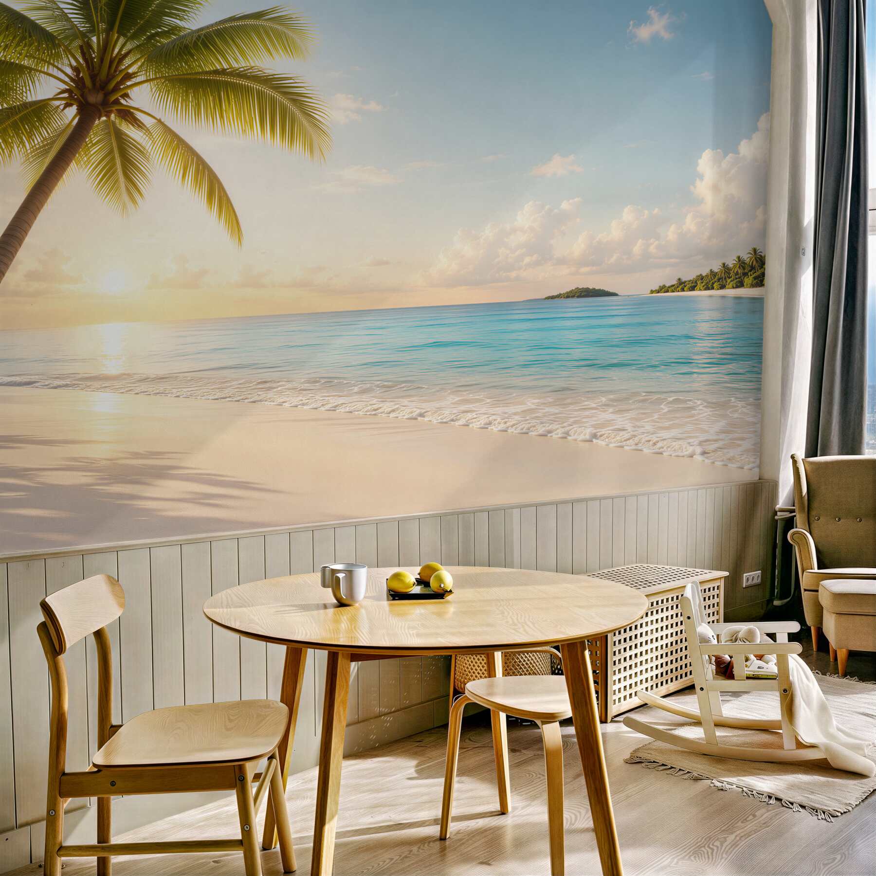 Fototapeta tropikalna plaża z palmą o wschodzie słońca relaksująca?v23