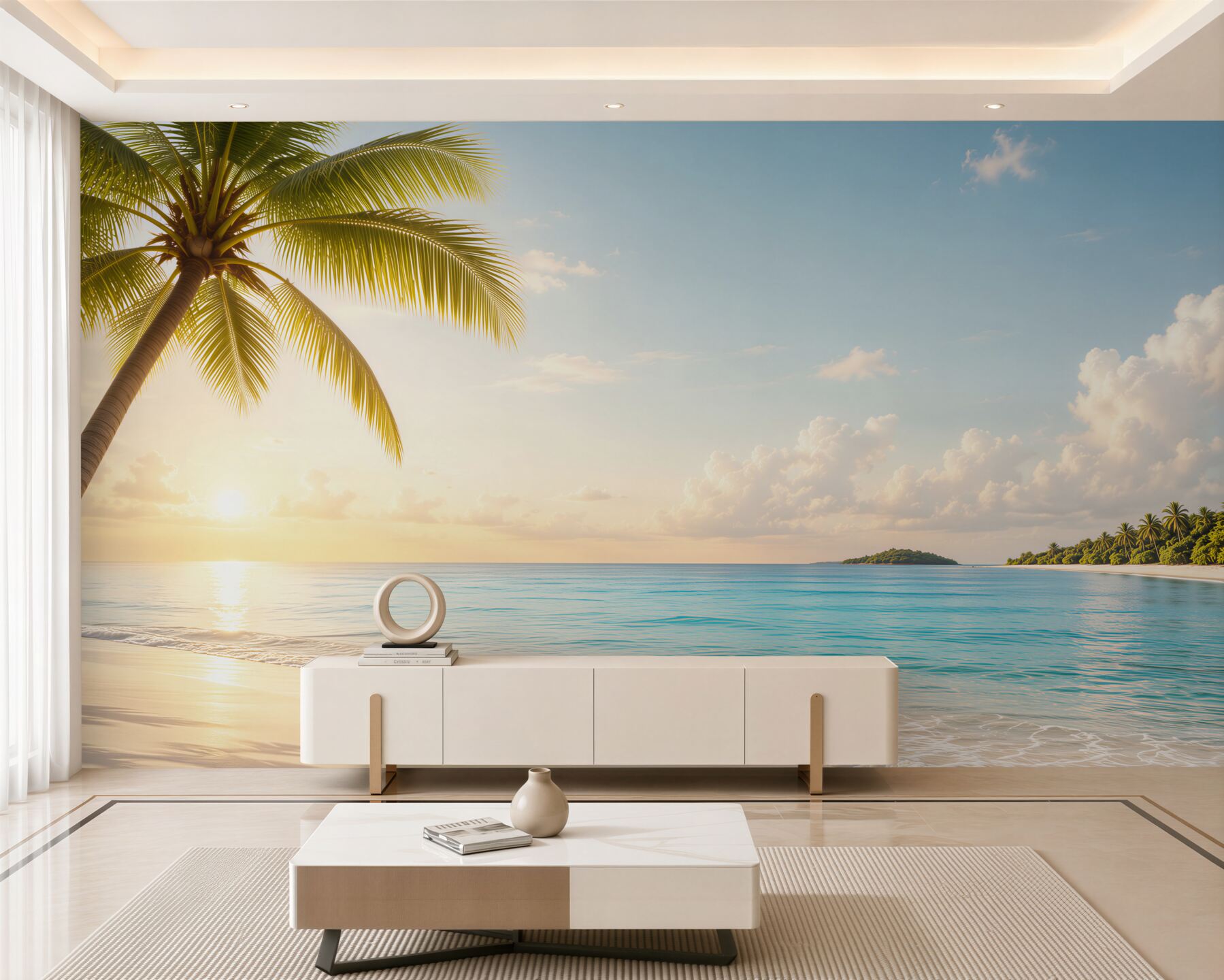 Fototapeta tropikalna plaża z palmą o wschodzie słońca relaksująca?v23