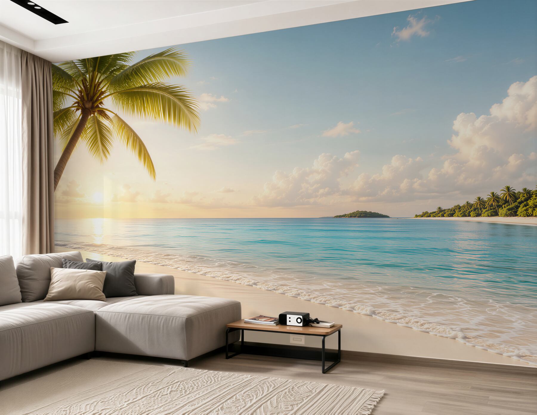 Fototapeta tropikalna plaża z palmą o wschodzie słońca relaksująca?v23