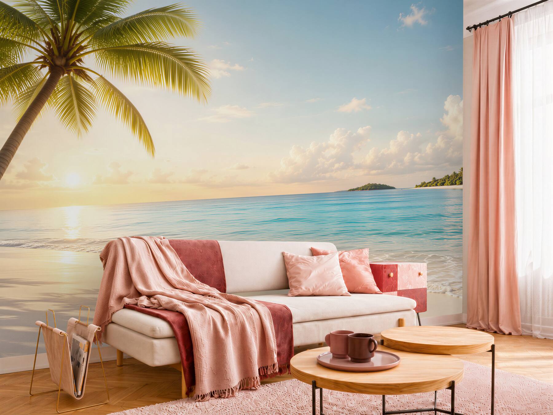 Fototapeta tropikalna plaża z palmą o wschodzie słońca relaksująca?v23